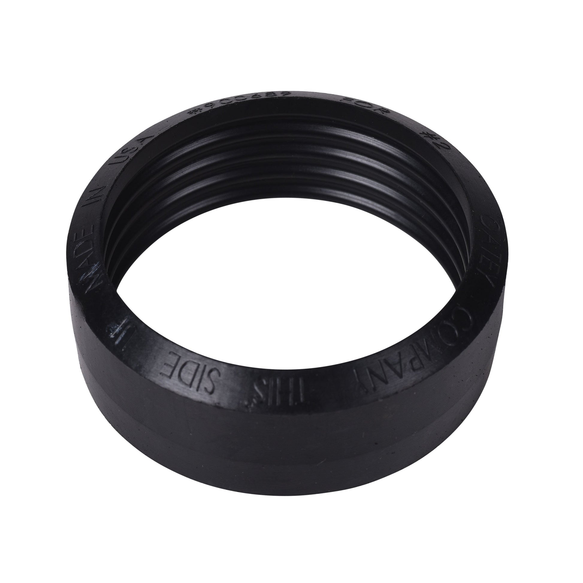 Black rubber caulking gasket ring with grooved interior and embossed text on outer surface.