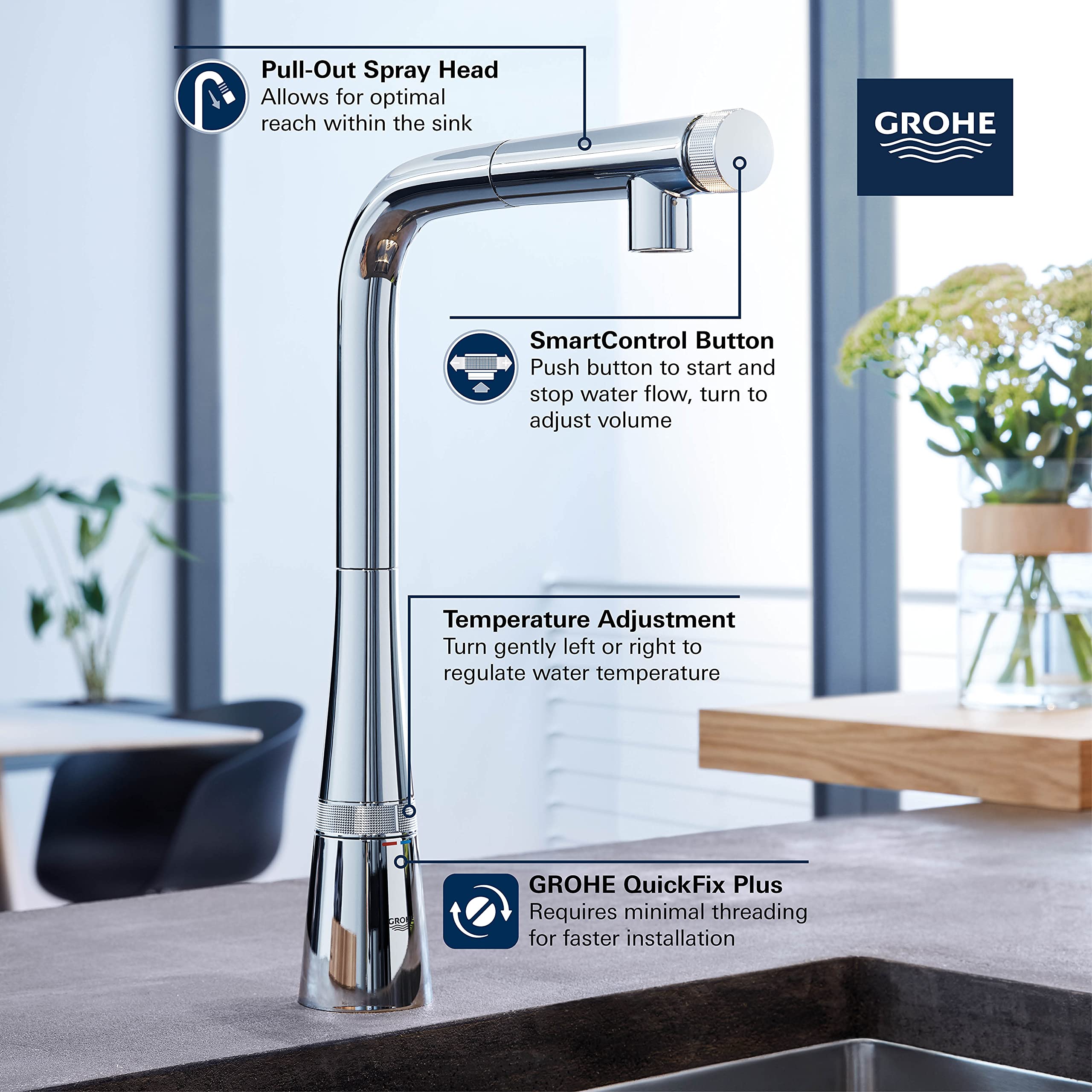Grohe Zedra chrome pull-out kitchen faucet with retractable spray head and SmartControl button on countertop.