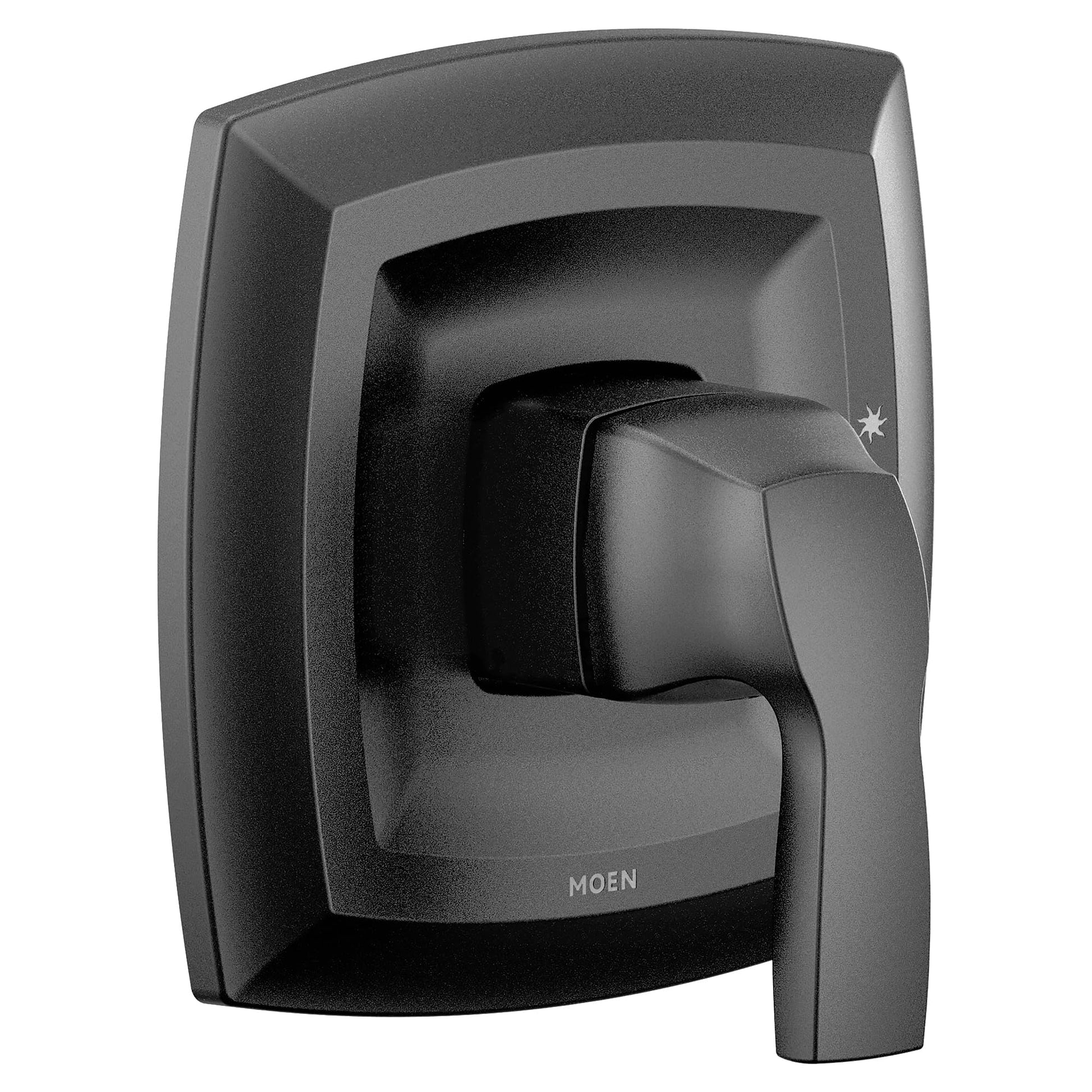 Moen Voss matte black single-handle shower trim with square escutcheon and lever handle.