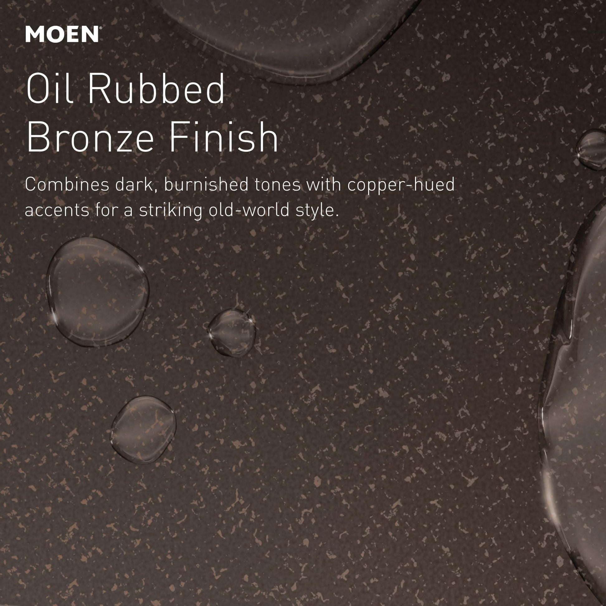 Oil rubbed bronze faucet finish with dark burnished tones and copper accents, shown with water droplets on surface.