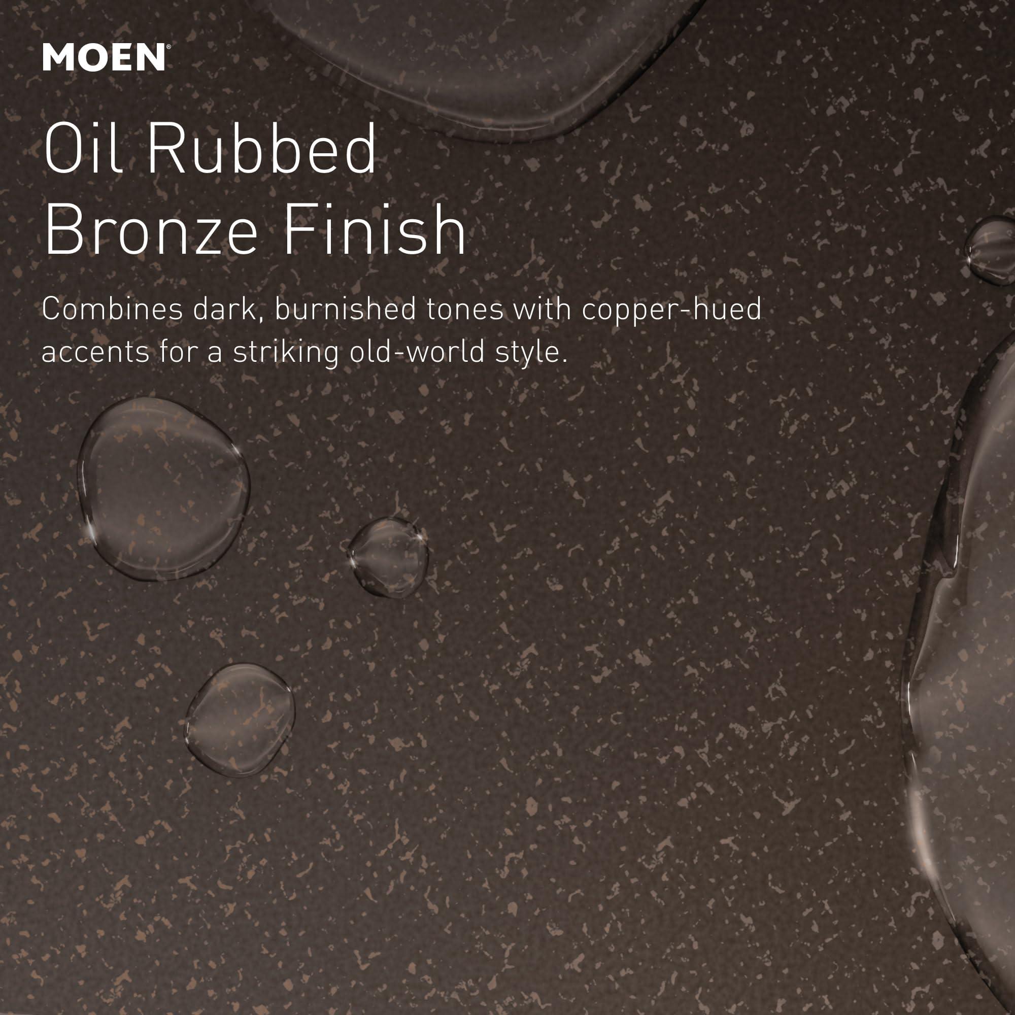 Oil rubbed bronze faucet finish with dark burnished tones and copper accents, shown with water droplets on surface.