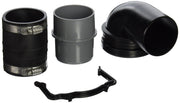 Black and gray plastic plumbing connectors and fittings with metal clamps for 2" x 4" in-wall tank system.