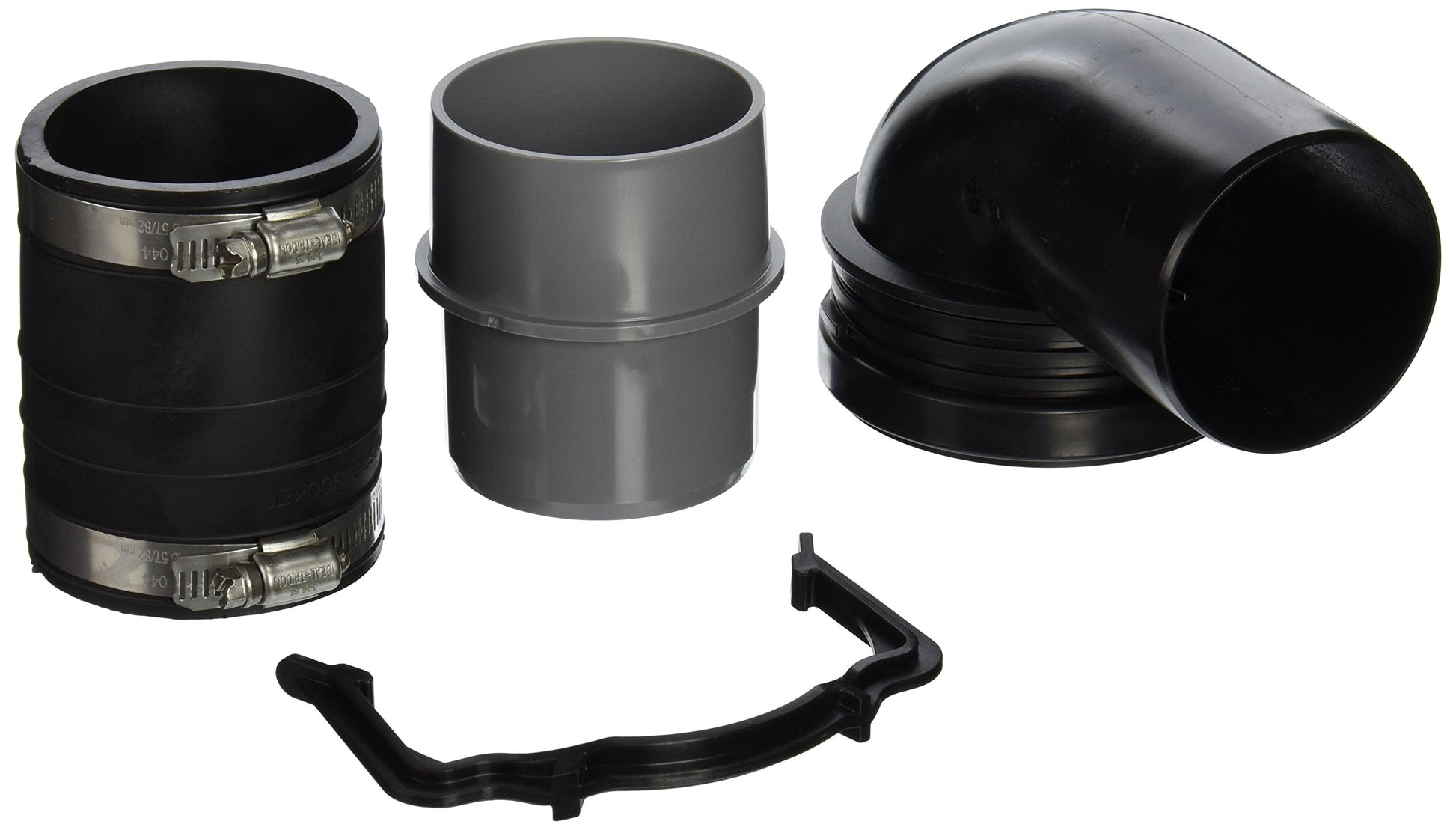 Black and gray plastic plumbing connectors and fittings with metal clamps for 2" x 4" in-wall tank system.