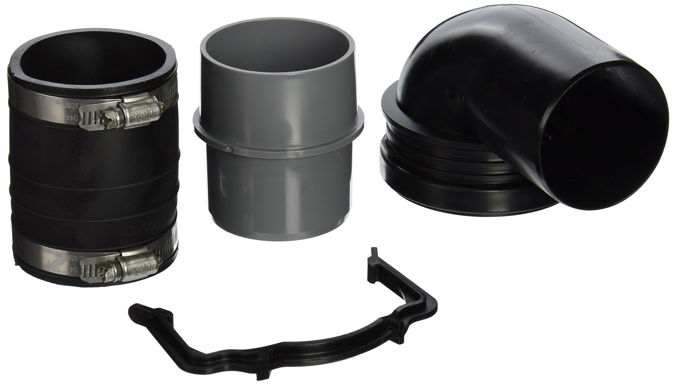 Black and gray plastic plumbing connectors and fittings with metal clamps for 2" x 4" in-wall tank system.