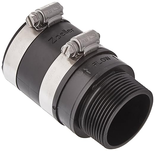 Black inline check valve with threaded connection and two metal hose clamps on white bands.
