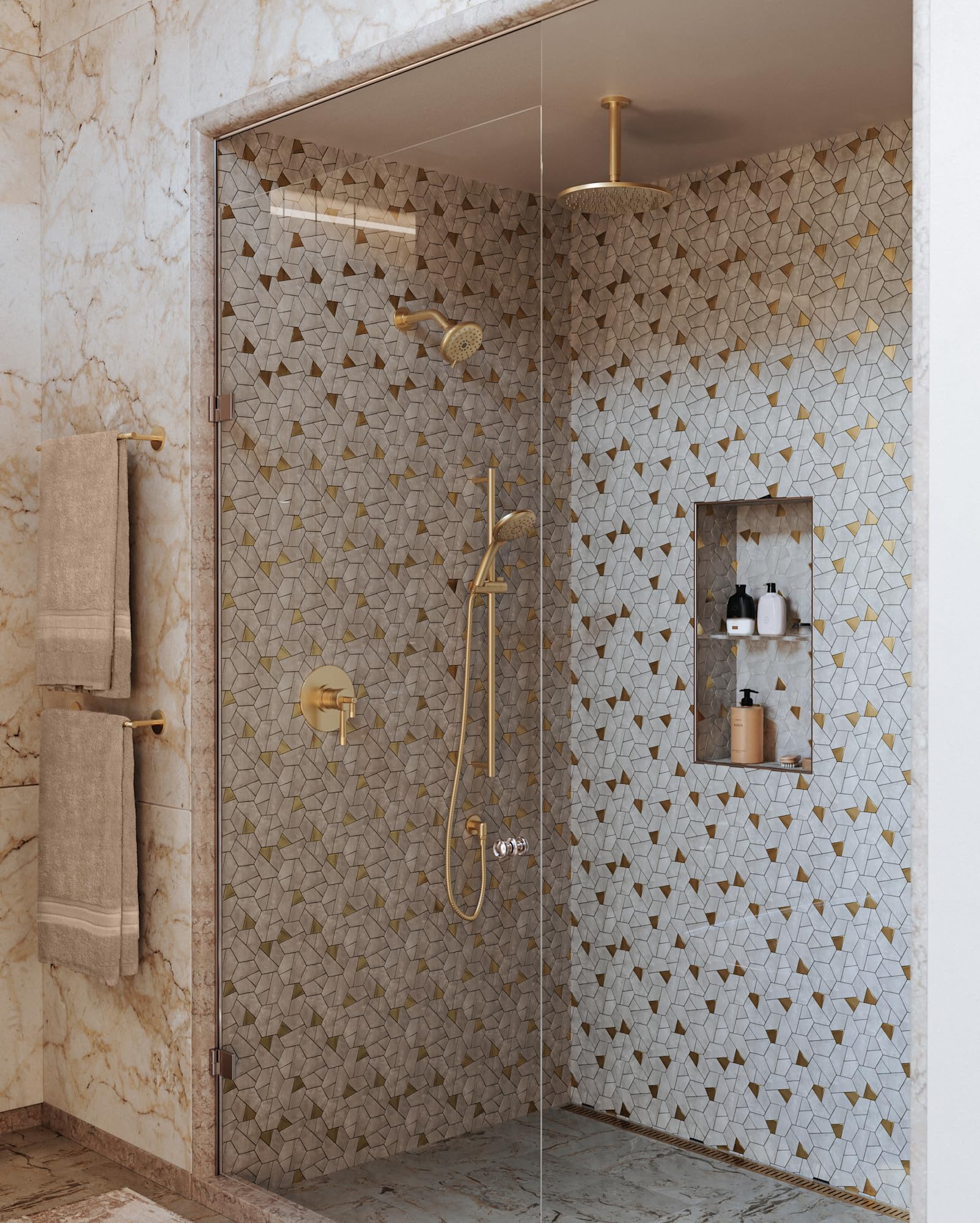 Polished chrome metal shower hose with valve connections displayed in bathroom shower enclosure.