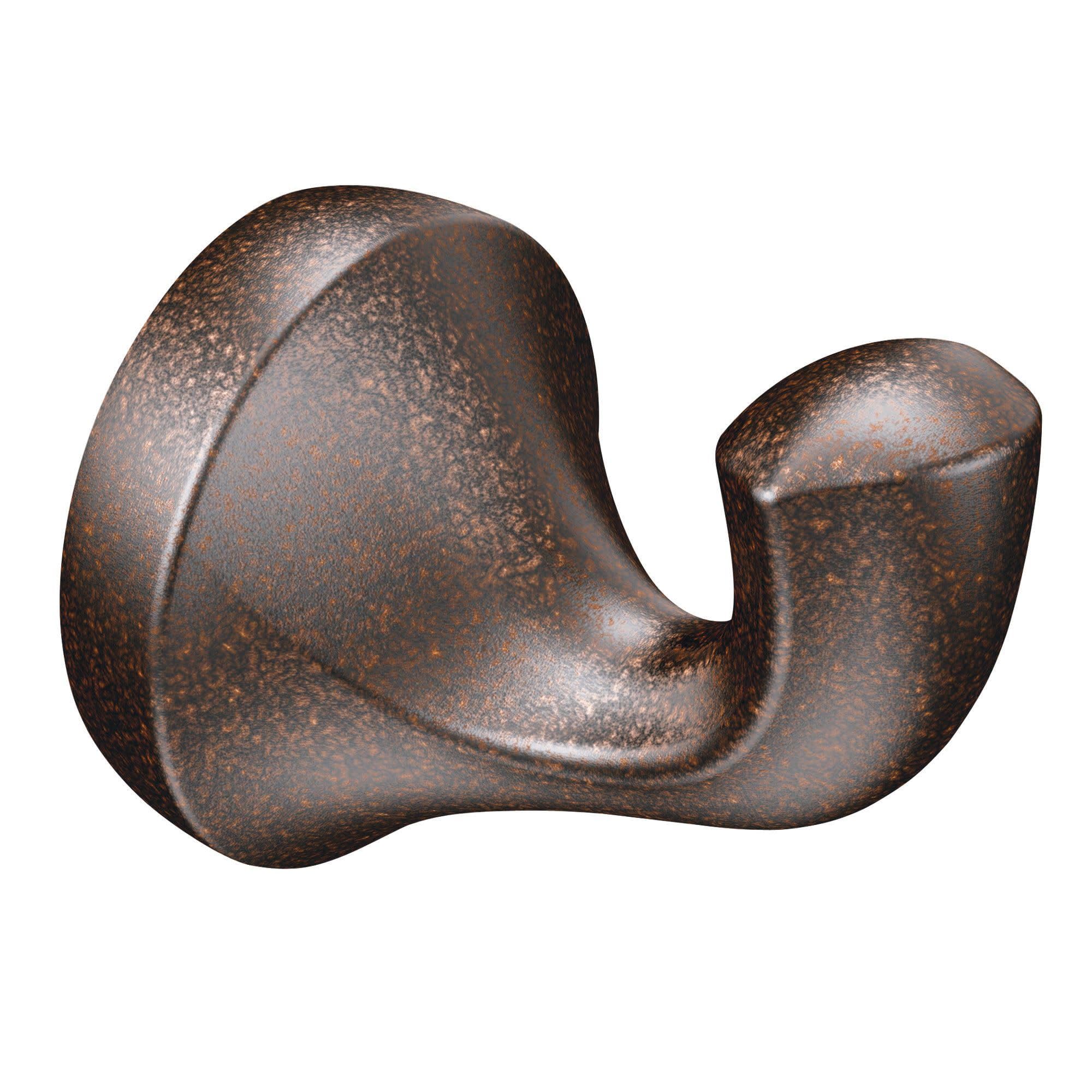 Oil rubbed bronze robe hook with curved dual hooks and textured finish.
