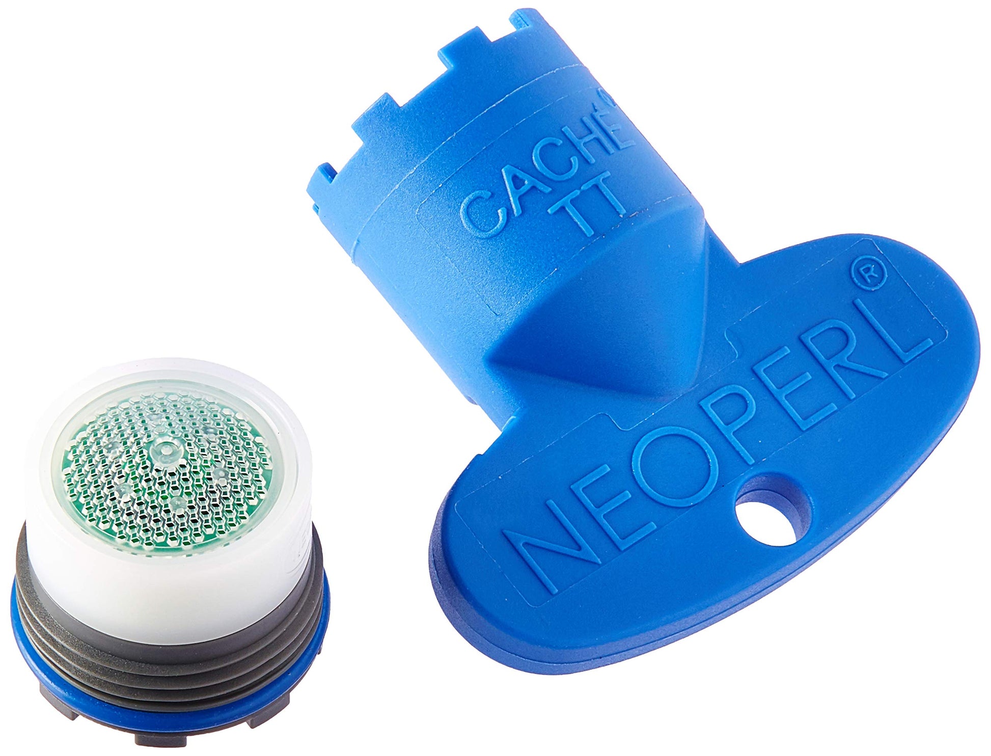 Blue Delta faucet aerator with white and green mesh screen component and metal threading visible.