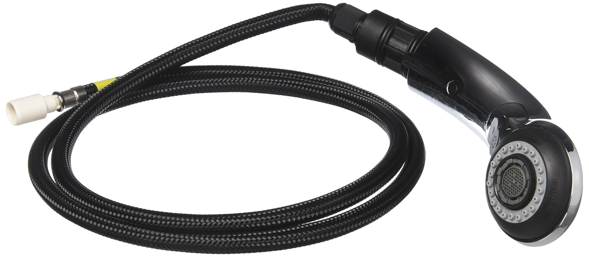 Black wand assembly with braided hose, trigger handle, and circular showerhead with multiple spray ports.