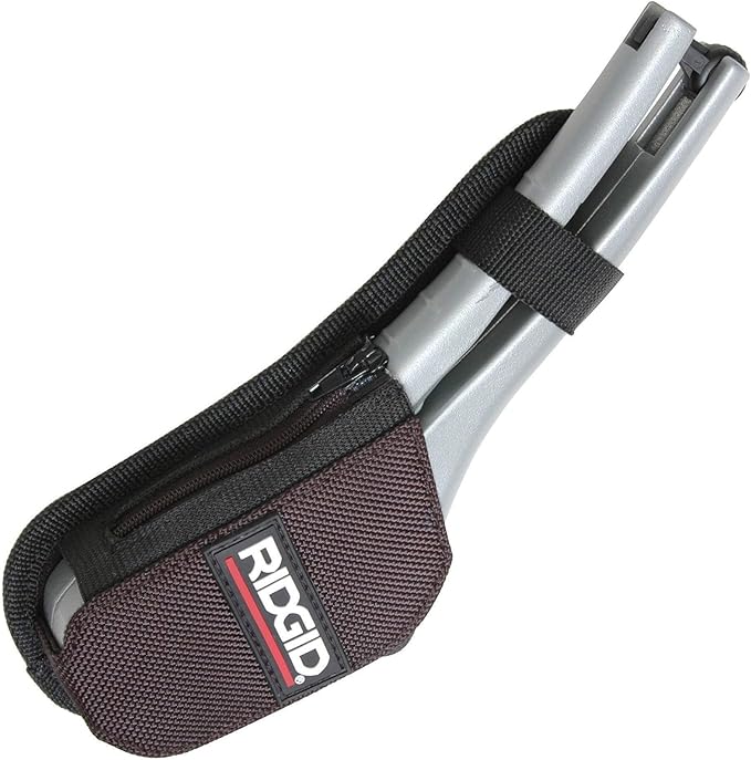 RIDGID plastic pipe cutter with metal body and black nylon carrying pouch with belt loop.