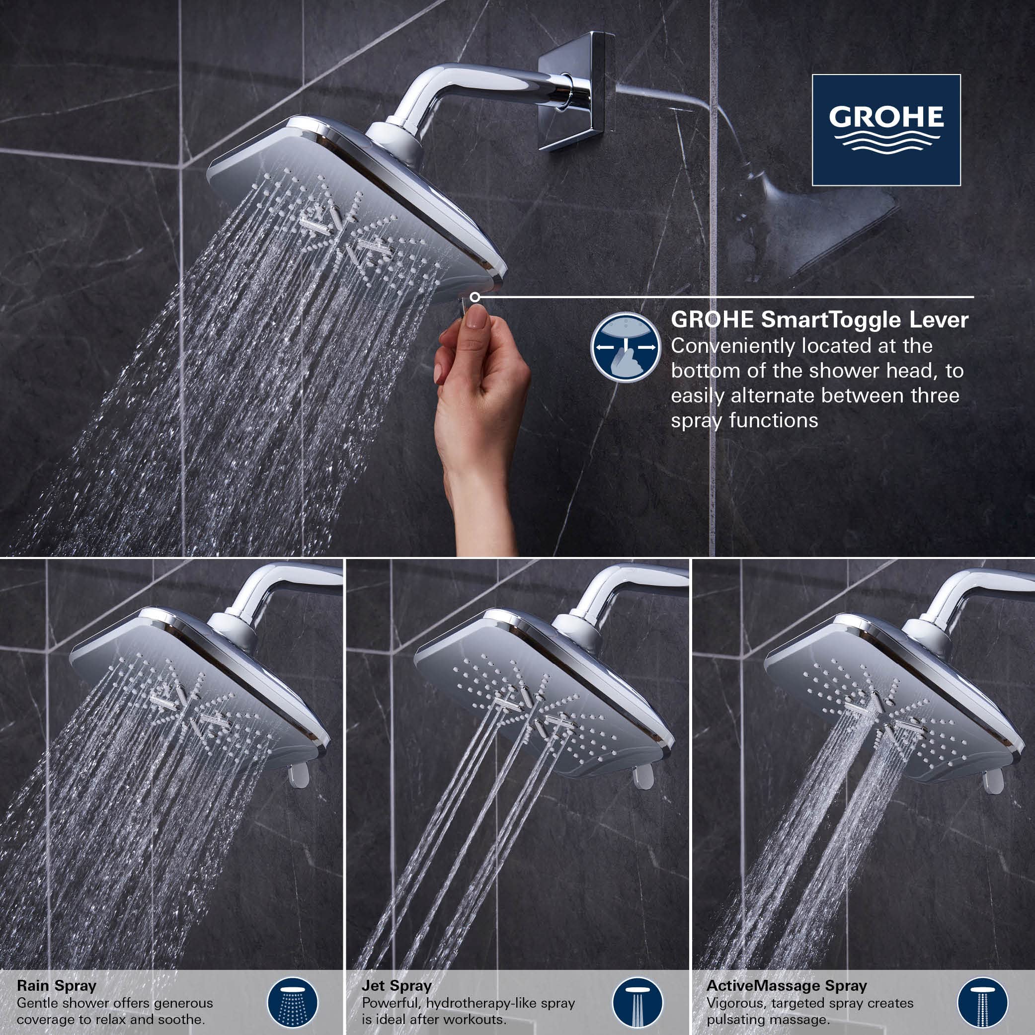 Grohe Rainshower 26797A00 Shower Head, 6-1/2" - 3 Sprays, 1.75gpm in Grohe Hard Graphite