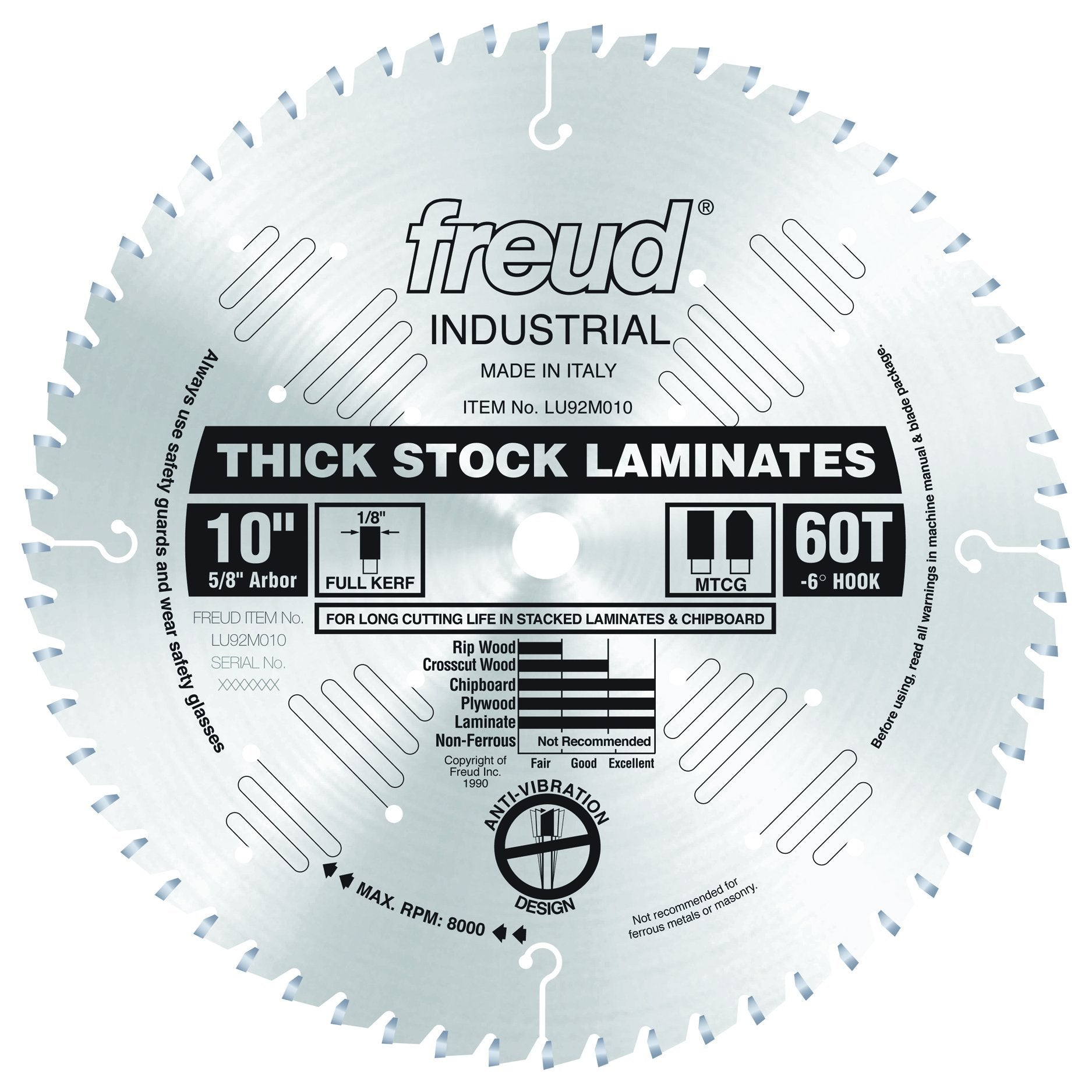 10" circular saw blade with 60 teeth, 5/8" arbor, designed for thick-stock laminate cutting.