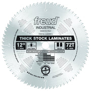 Freud 12" circular saw blade with 72 teeth, 1" arbor, and full kerf, designed for thick-stock laminates.
