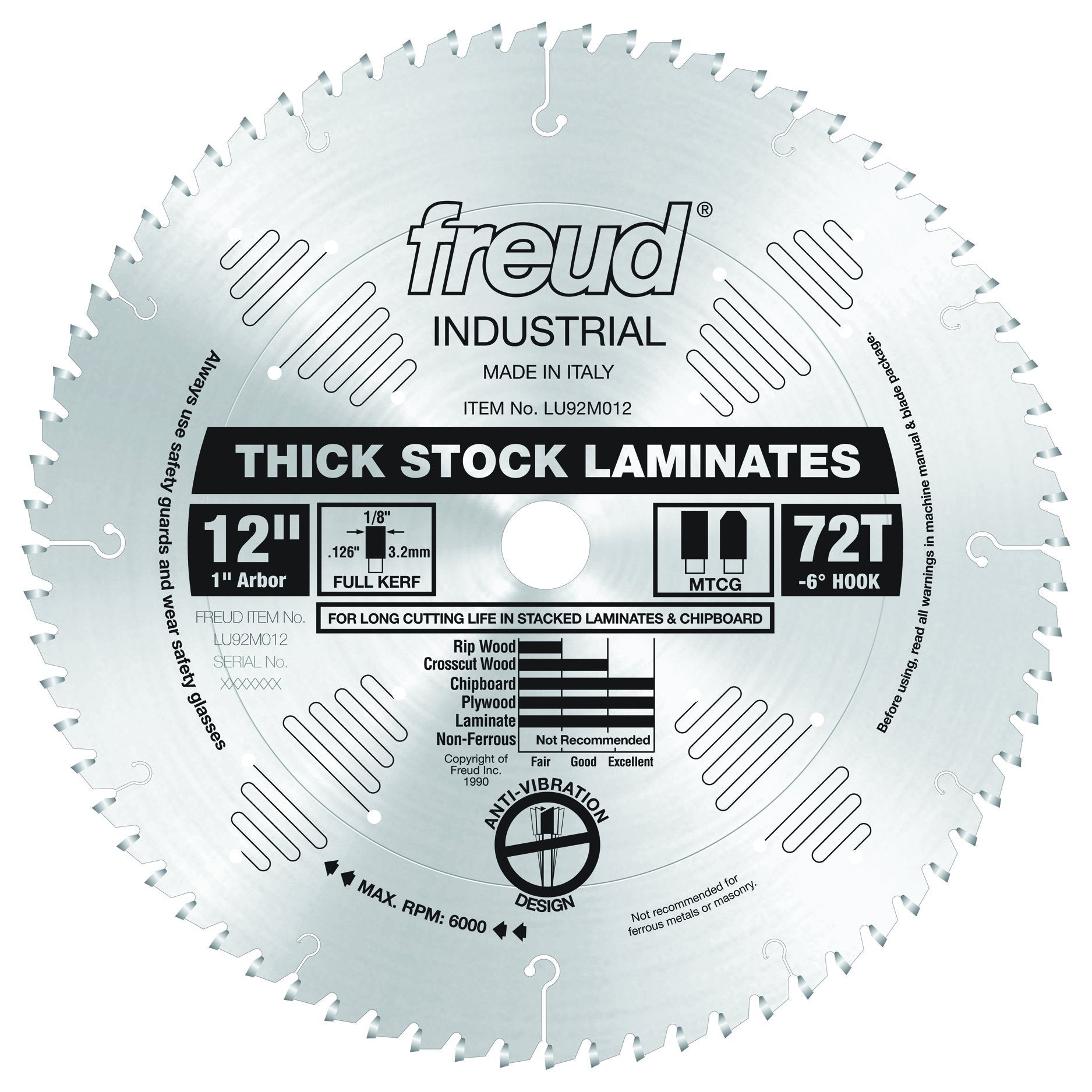 Freud 12" circular saw blade with 72 teeth, 1" arbor, and full kerf, designed for thick-stock laminates.