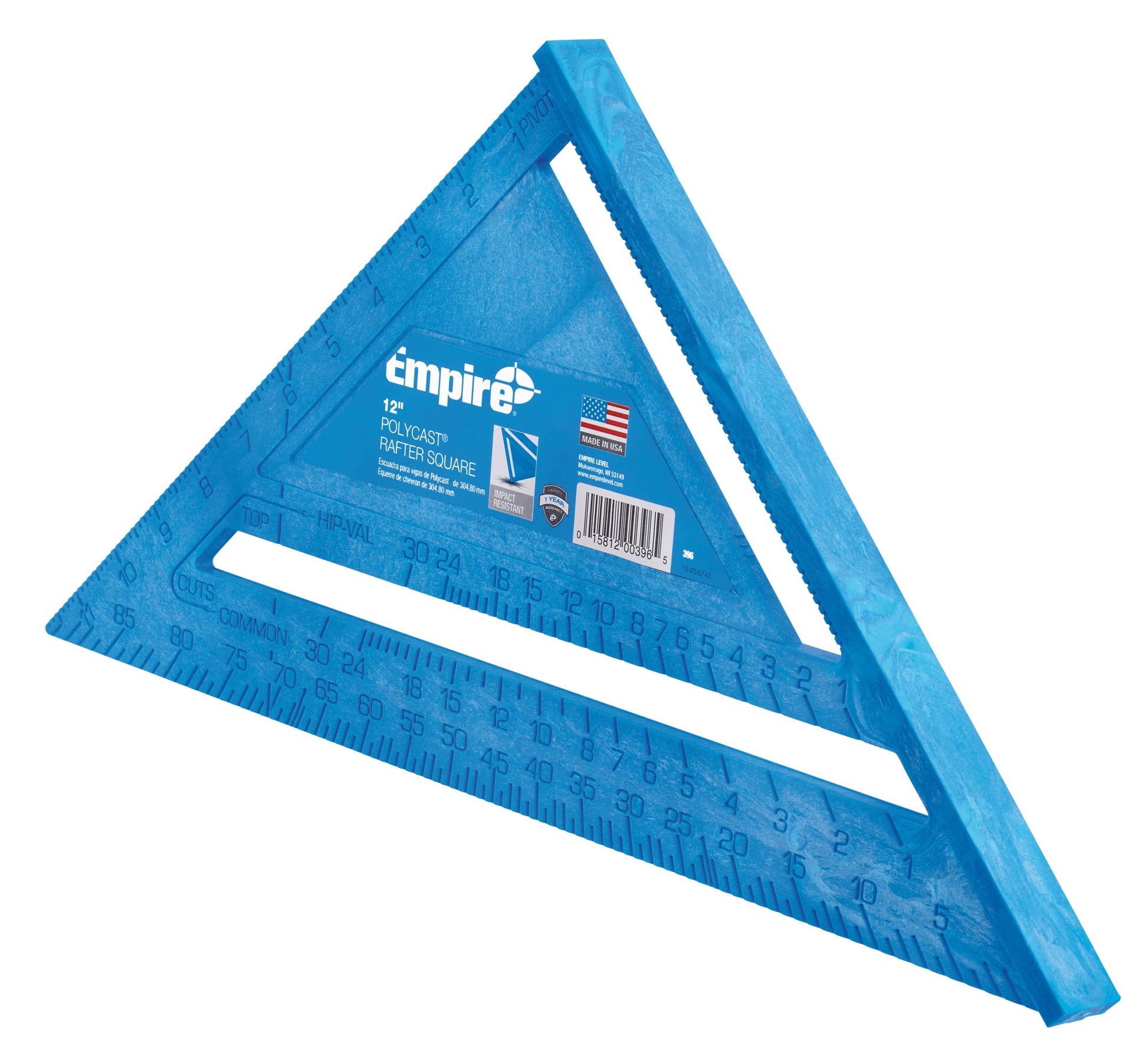 Blue polycast rafter square with measurement markings and cutout windows on both sides.