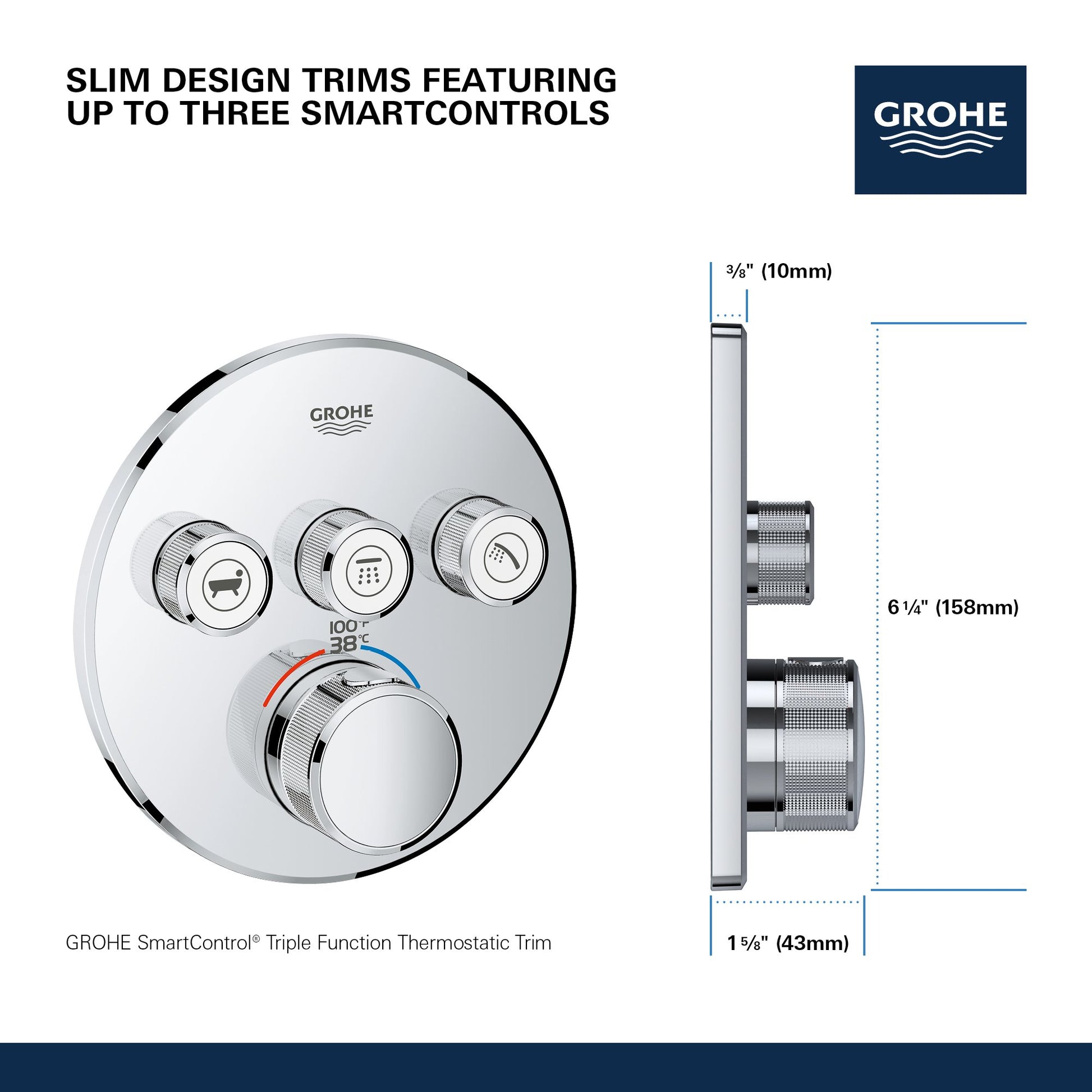 Grohe thermostatic valve trim in hard graphite with three circular control buttons and central temperature dial, shown front 