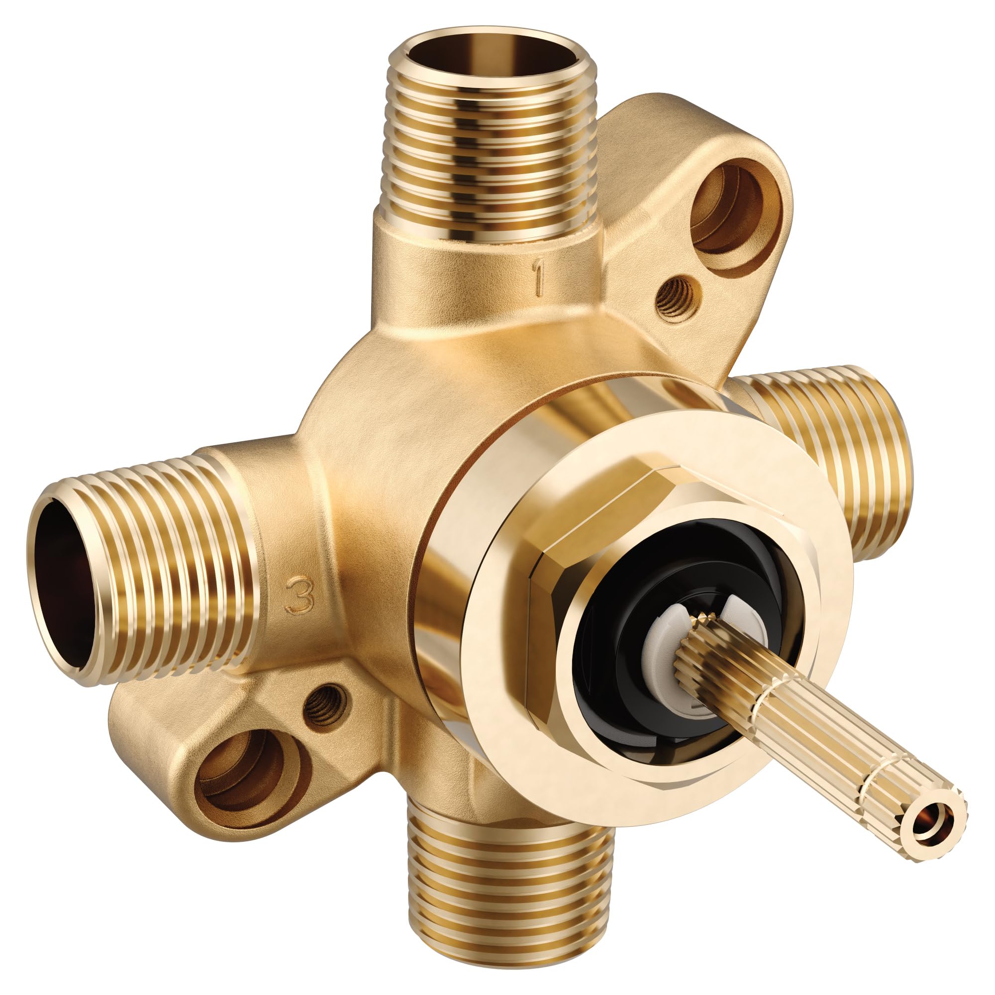 Brass transfer valve with threaded male IPS connections, cartridge spool, and mounting ports for multi-function shower divert