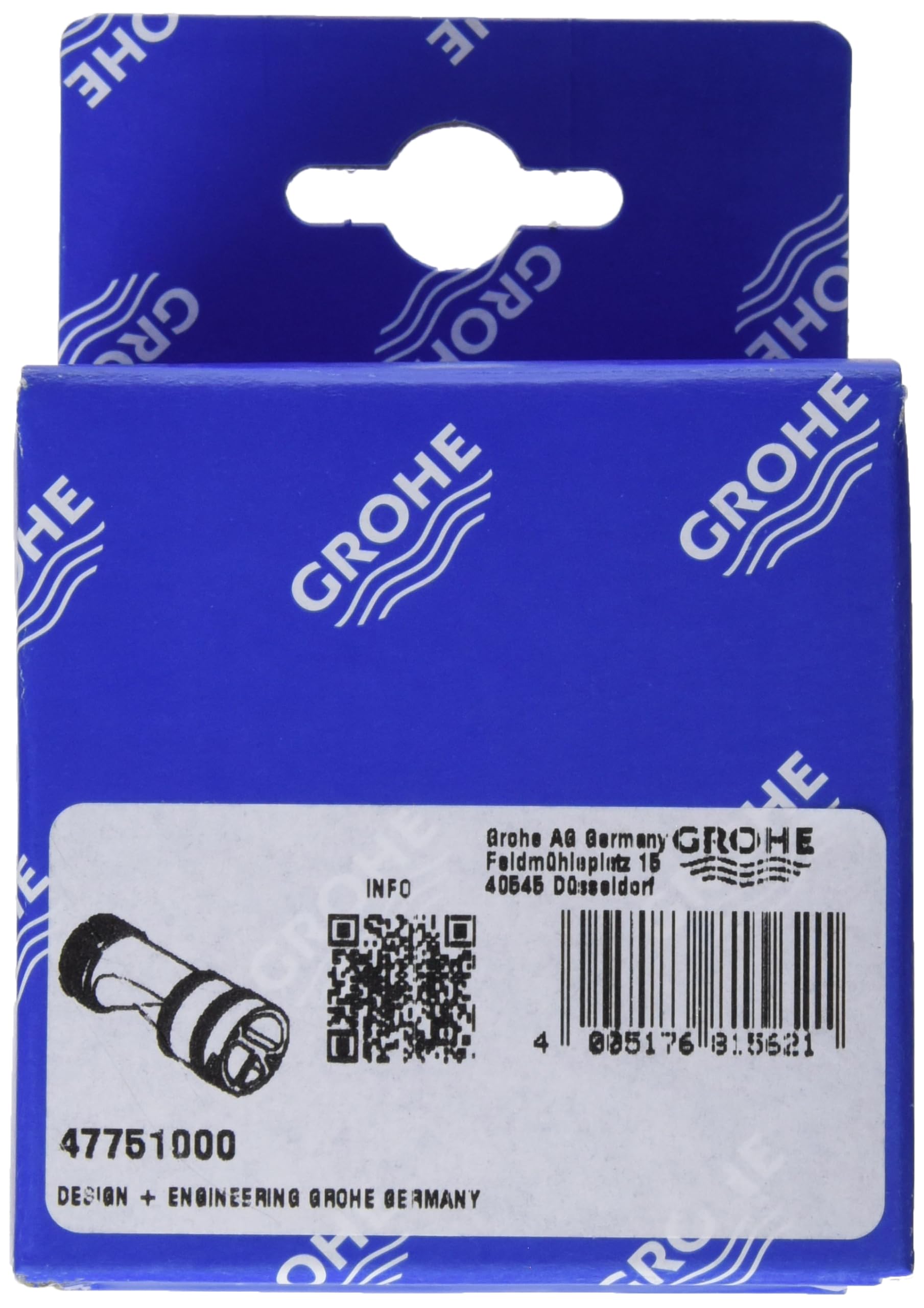 Grohe repair parts package with chrome water flow component and product information label on blue packaging.