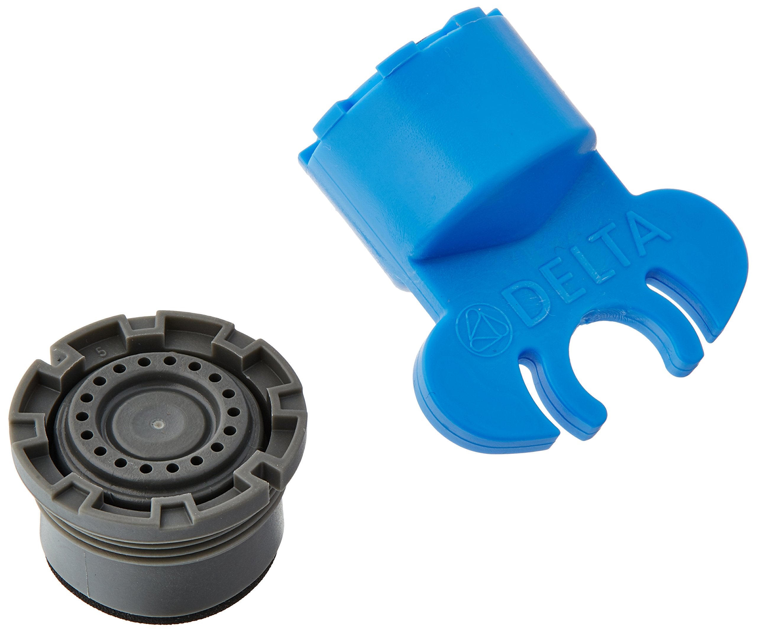 Delta aerator with perforated screen head and blue wrench tool on white background.