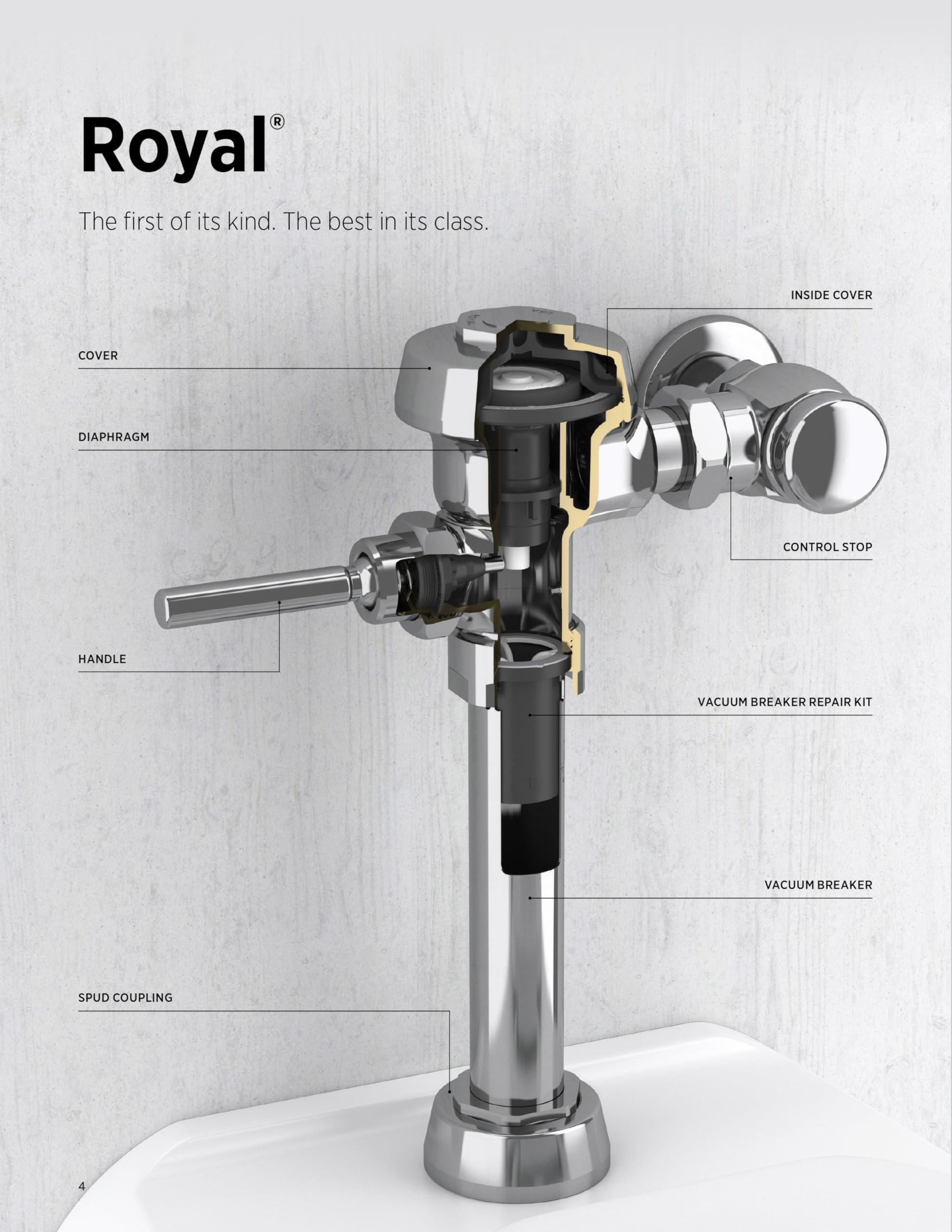 Sloan Royal exposed flushometer assembly with chrome spud coupling, handle, diaphragm, and vacuum breaker components labeled.