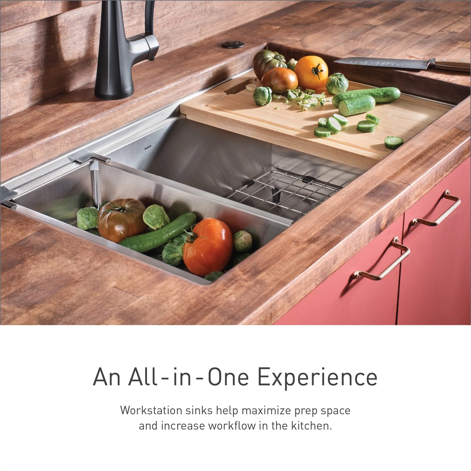 Stainless steel double bowl undermount sink with wooden cutting board, metal drying rack, and vegetables in one bowl.