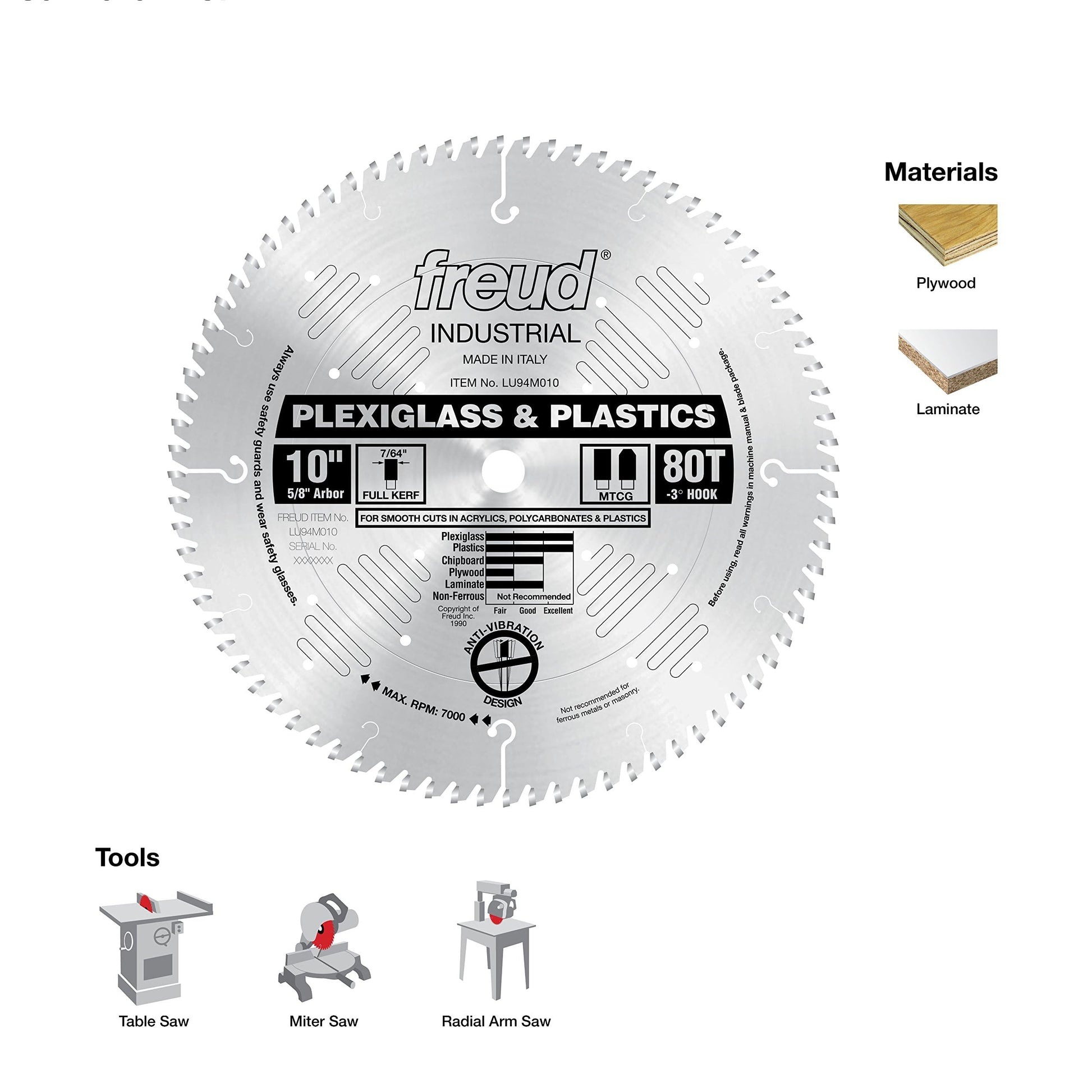 10-inch circular saw blade with 80 teeth, silver metal construction, labeled for plexiglass and plastics cutting.