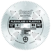 Freud 12" circular saw blade with 96 teeth, labeled for plexiglass and plastics, 1" arbor, made in Italy.