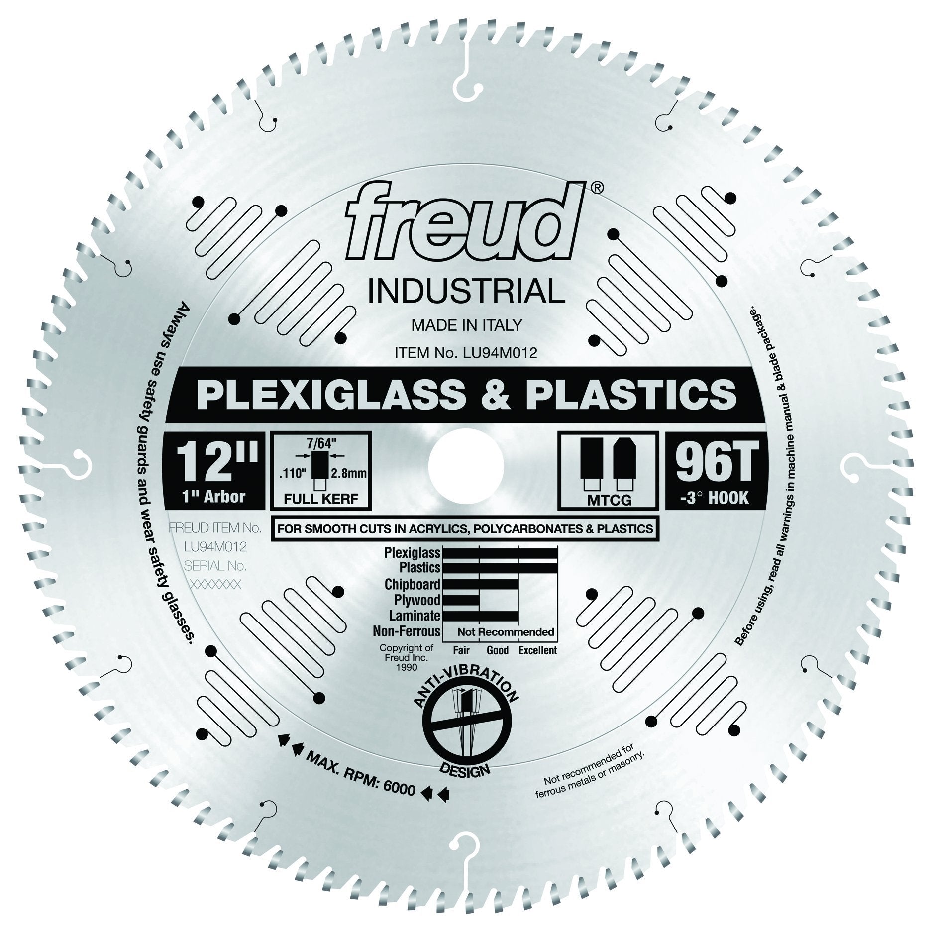 Freud 12" circular saw blade with 96 teeth, labeled for plexiglass and plastics, 1" arbor, made in Italy.