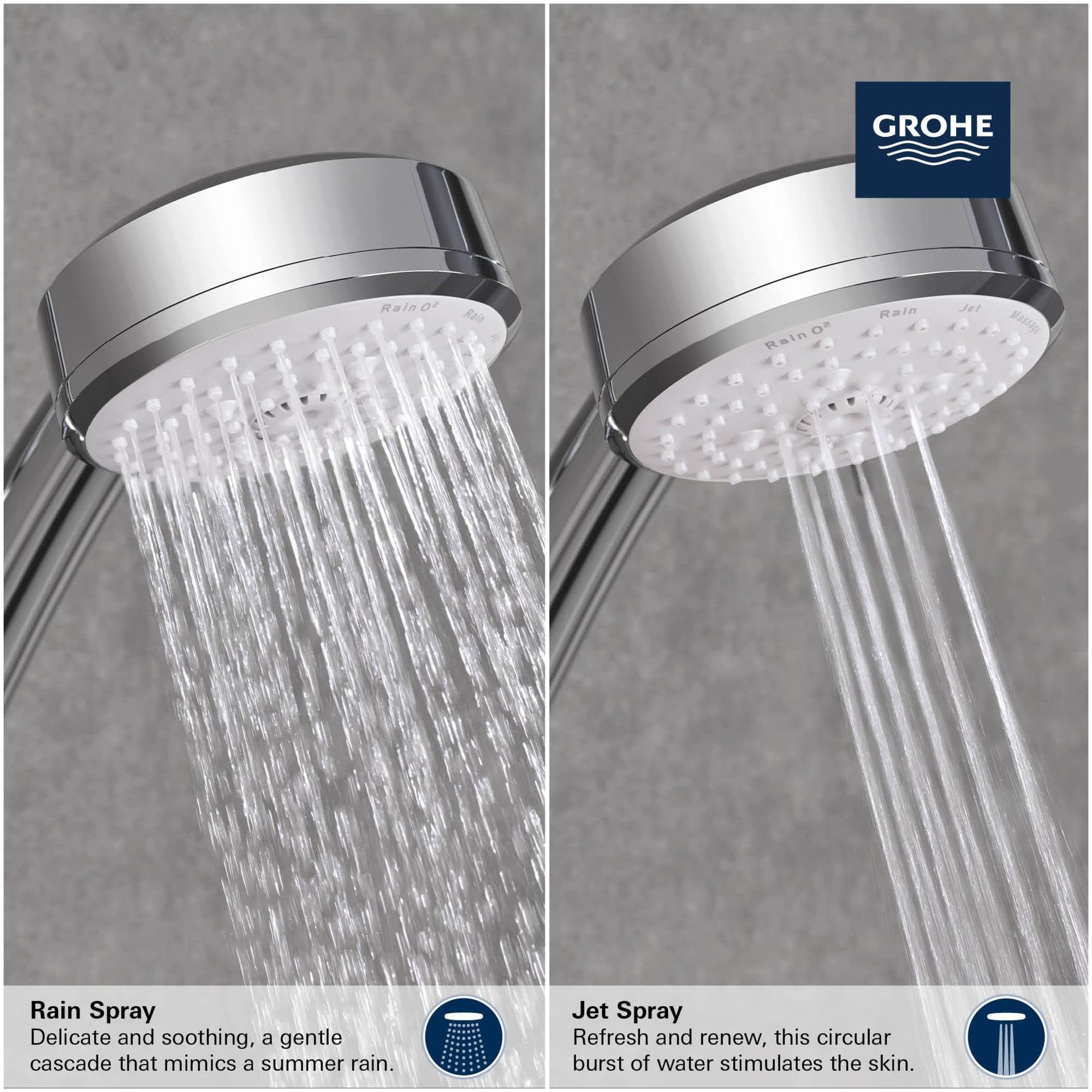 Chrome hand shower with two spray modes: rain spray on left and jet spray on right, both dispensing water against gray backgr