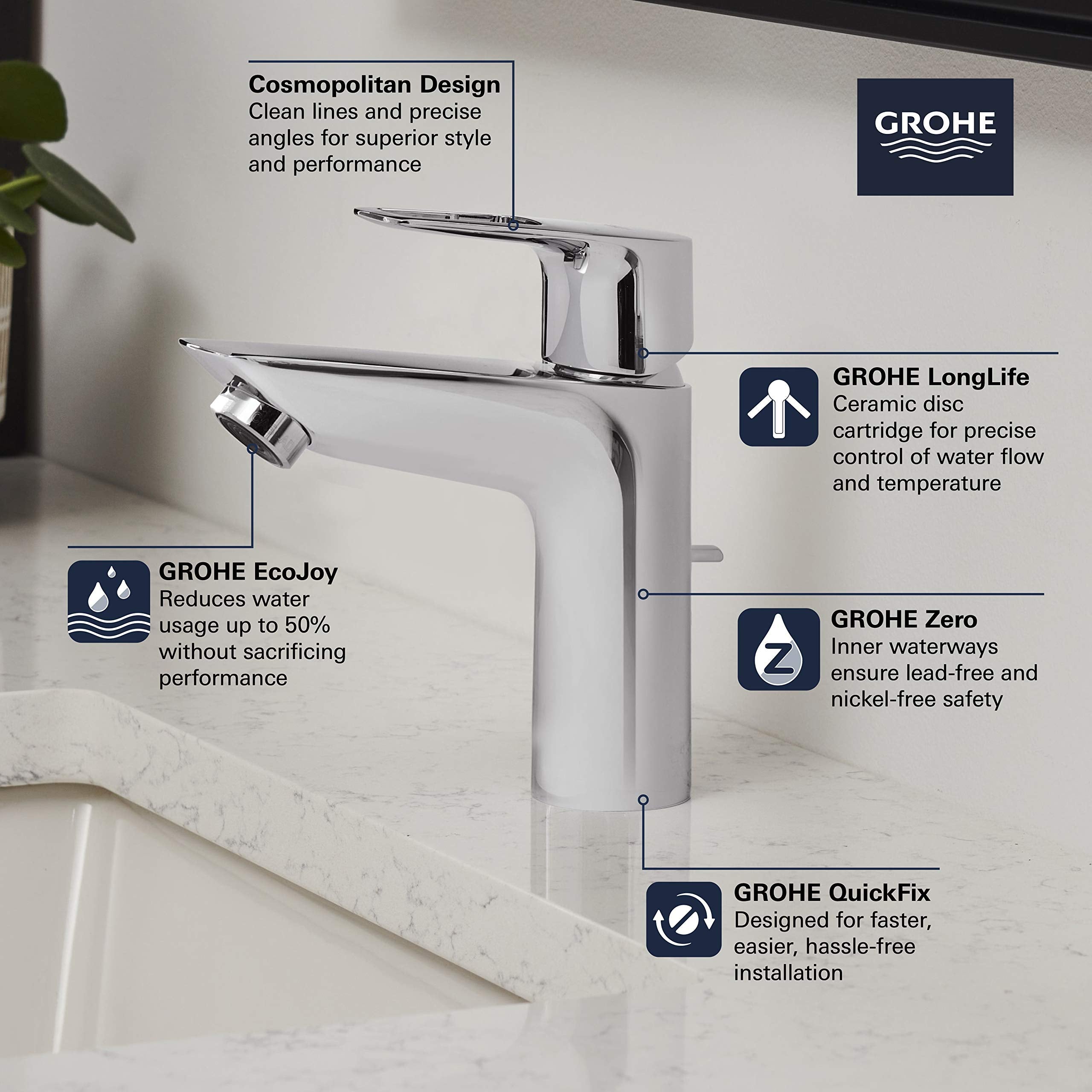 Chrome single-handle bathroom faucet with angular spout and lever handle mounted on marble sink countertop.