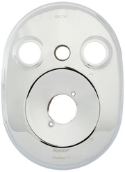 Chrome oval escutcheon plate with three upper holes, one center hole, and lower circular control ring marked "on" and "off."
