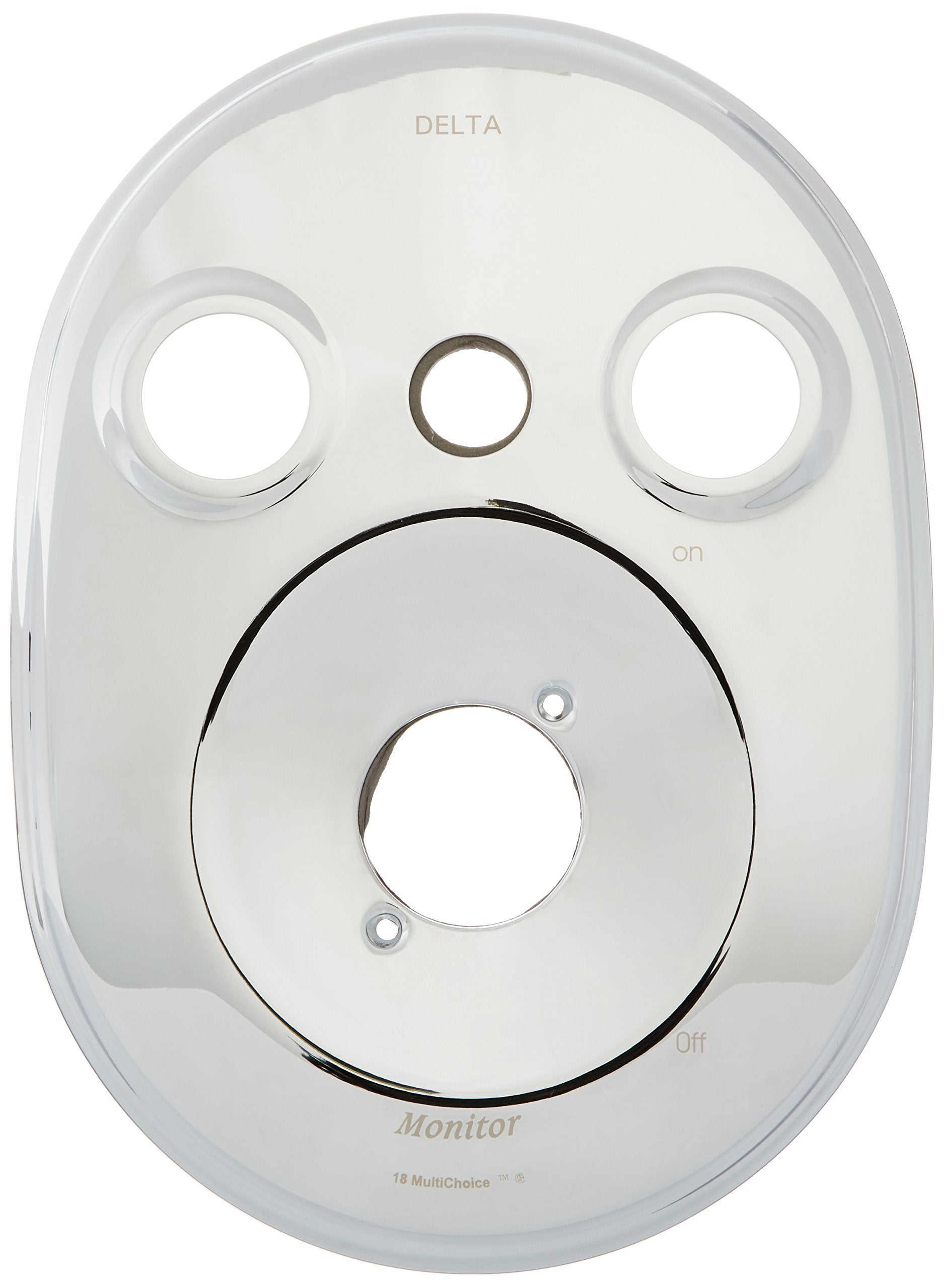 Chrome oval escutcheon plate with three upper holes, one center hole, and lower circular control ring marked "on" and "off."