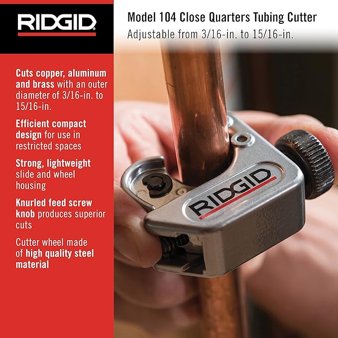 RIDGID Model 104 Close Quarters Tubing Cutter positioned on copper tubing with adjustment knob visible.