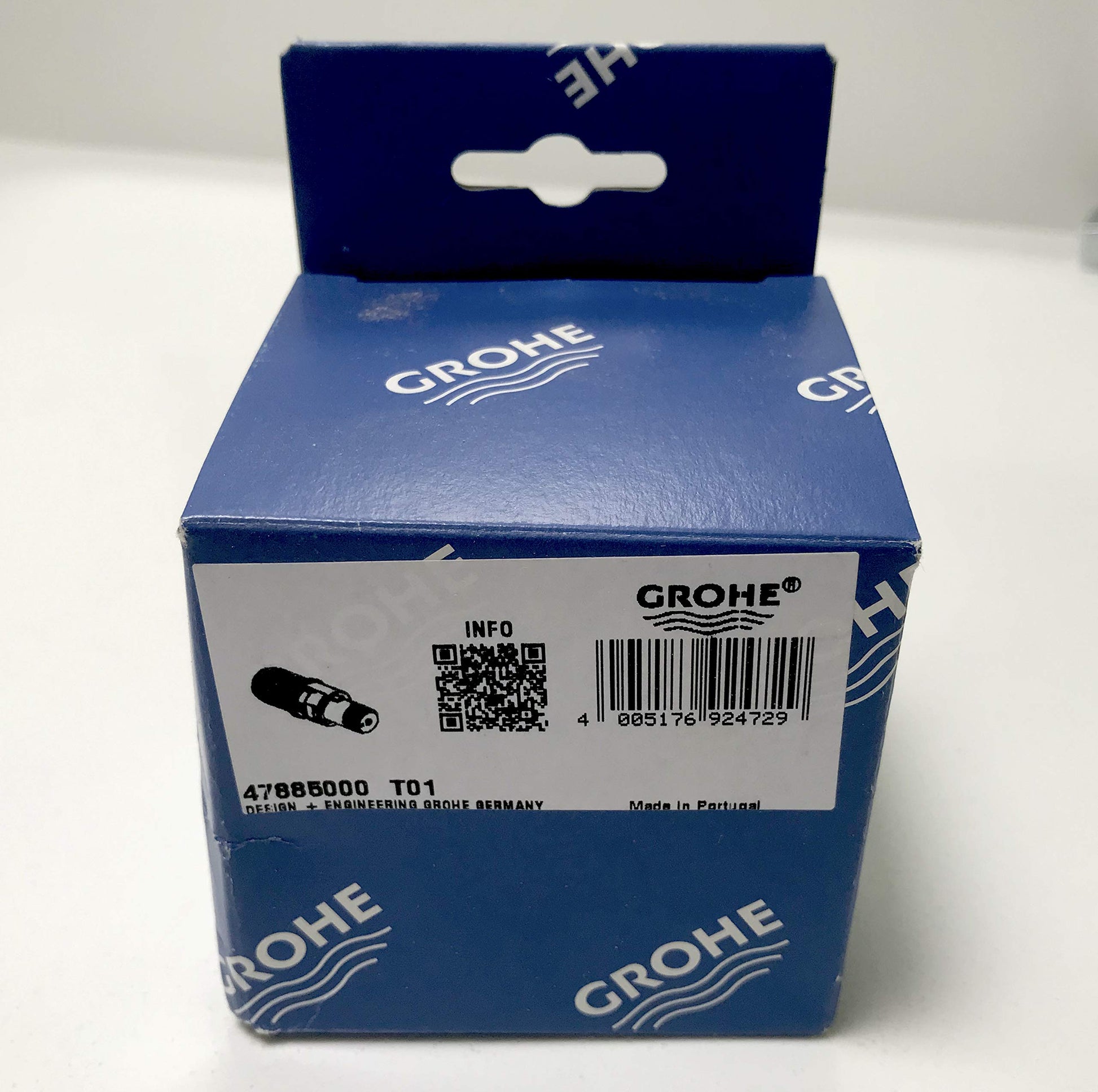 Grohe thermostatic compact cartridge 47885000 in blue retail packaging with barcode and product information label.