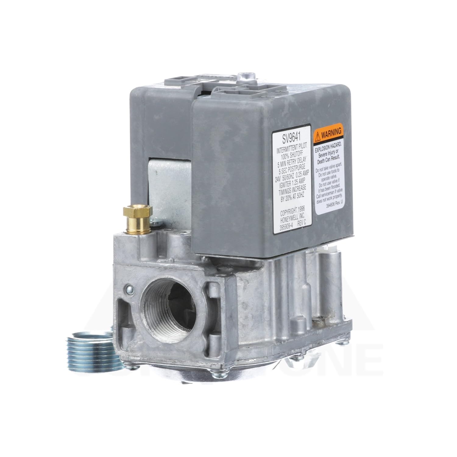 Honeywell SV9641M4510 gas valve with gray solenoid coil, brass fitting, and warning label on white background.