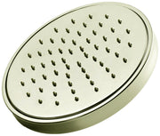 Satin nickel rainfall showerhead with round face and multiple spray holes.