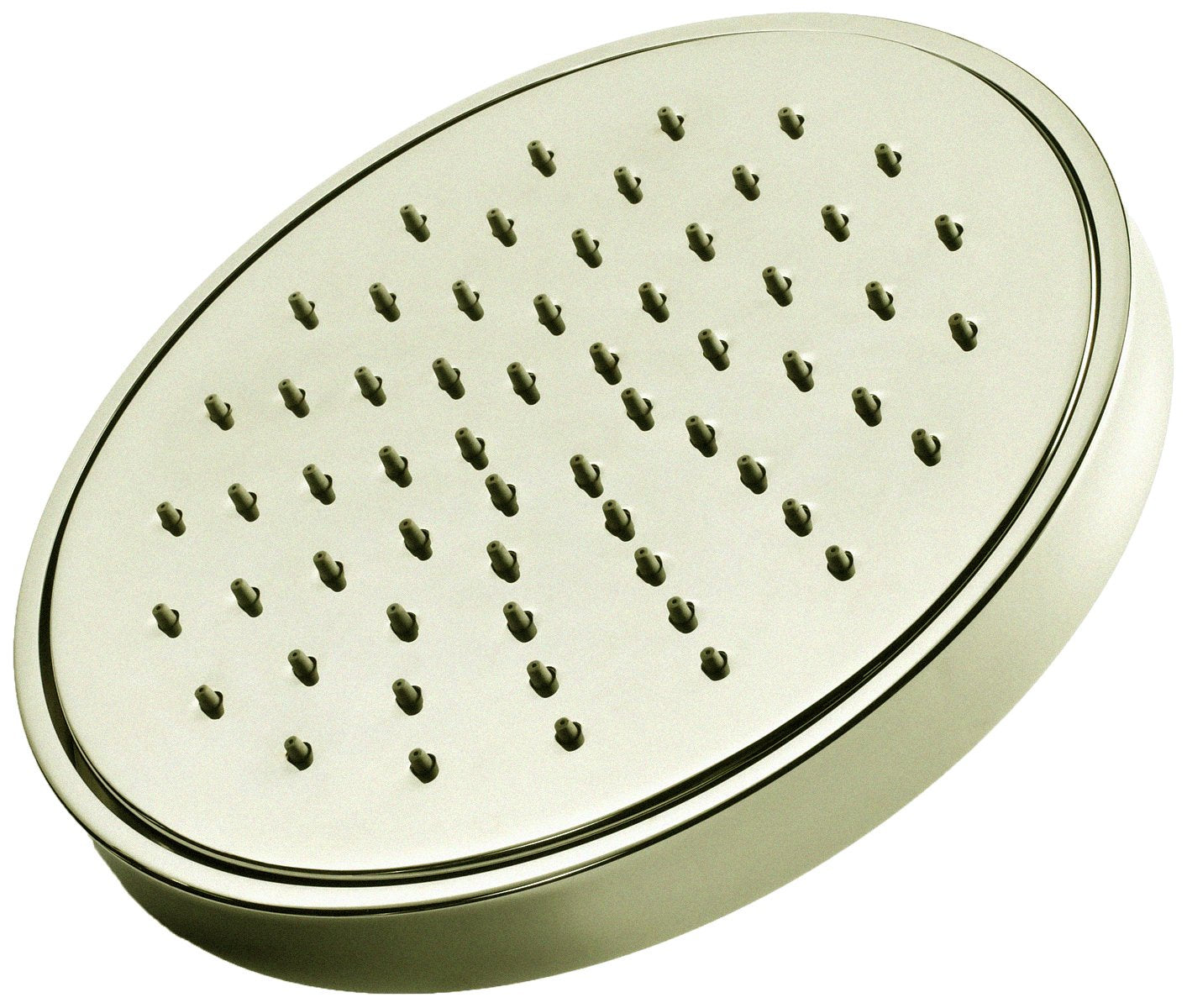 Satin nickel rainfall showerhead with round face and multiple spray holes.