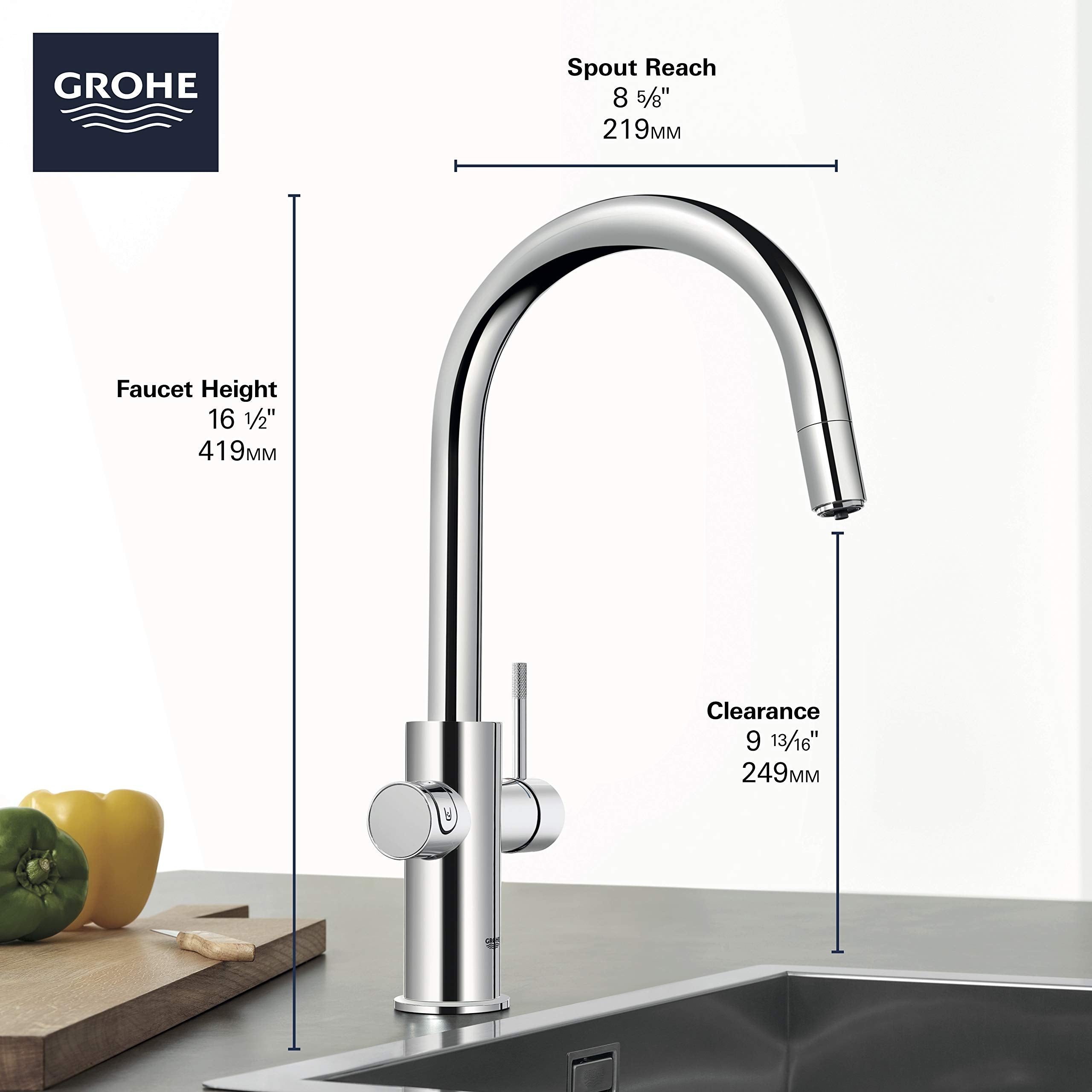 Grohe Blue pull-down kitchen faucet in stainless steel with curved spout and dual handle controls above sink.