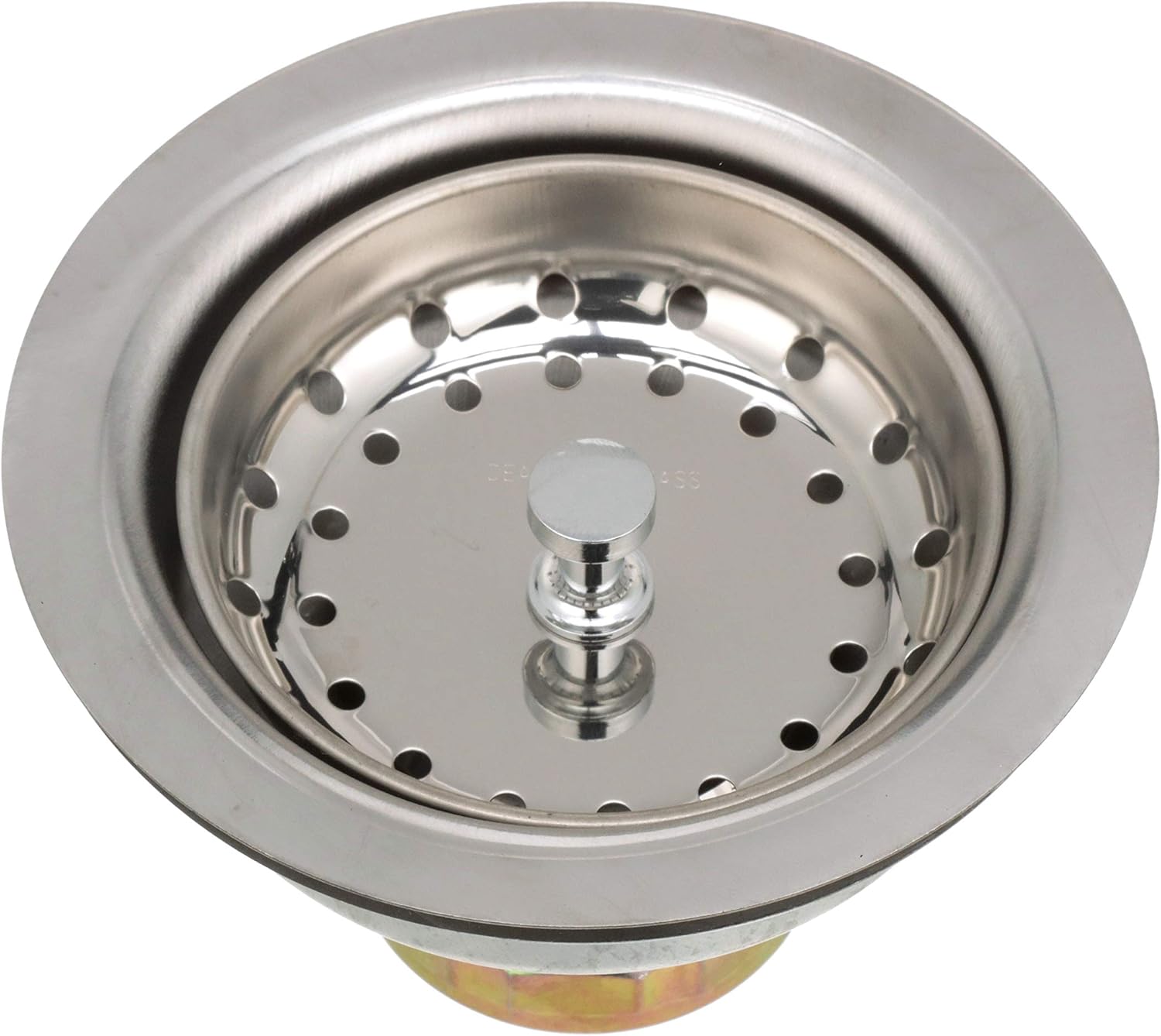 Stainless steel shallow cup basket strainer with perforated basin, locking cup mechanism, and chrome post.