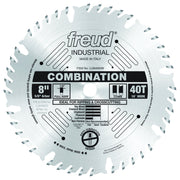 Freud 8" combination saw blade with 40 teeth, 5/8" arbor, labeled for ripping and crosscutting wood.