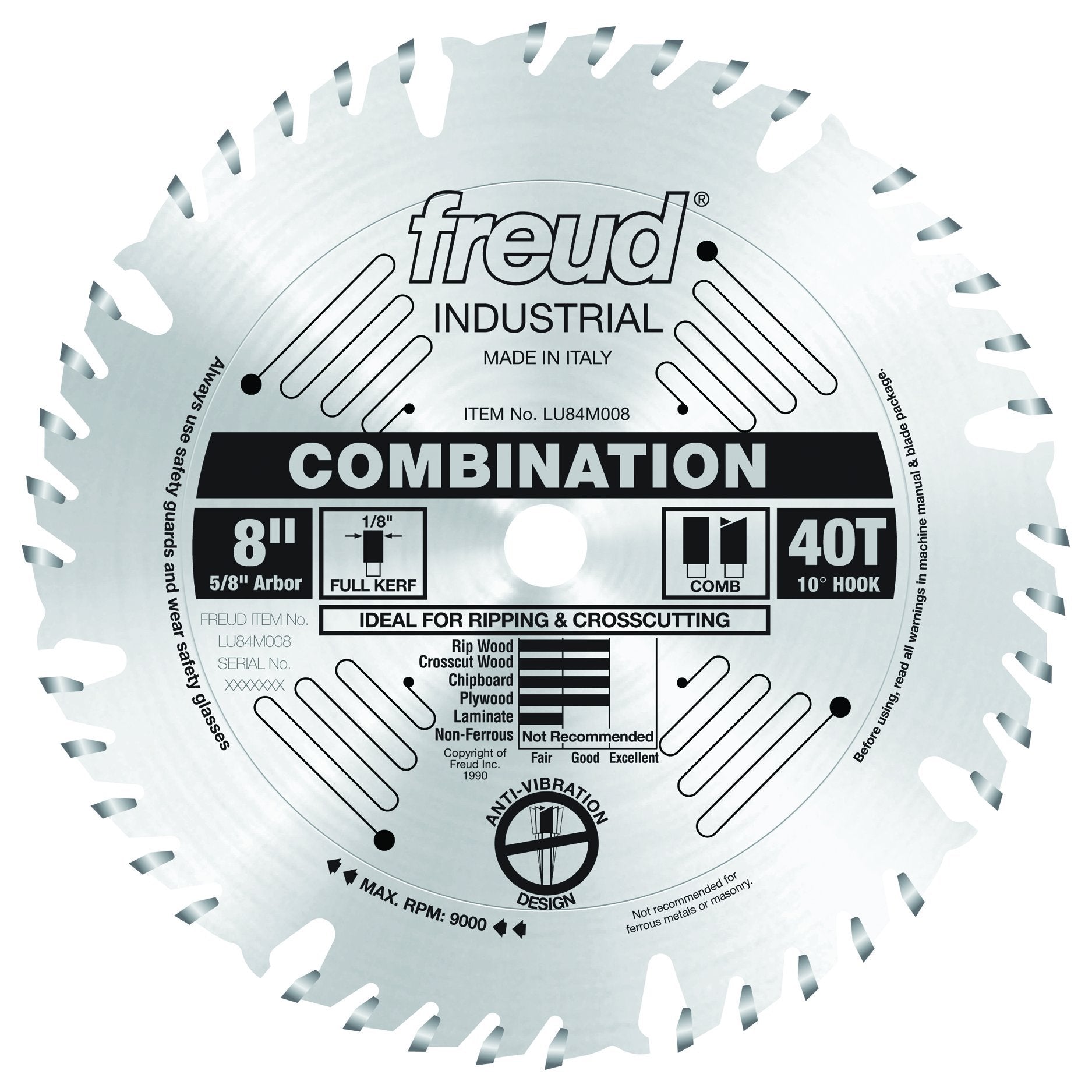 Freud 8" combination saw blade with 40 teeth, 5/8" arbor, labeled for ripping and crosscutting wood.