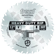 12" circular saw blade with 30 teeth, 1" arbor, labeled "Freud Industrial Heavy Duty Rip" for crosscutting wood.