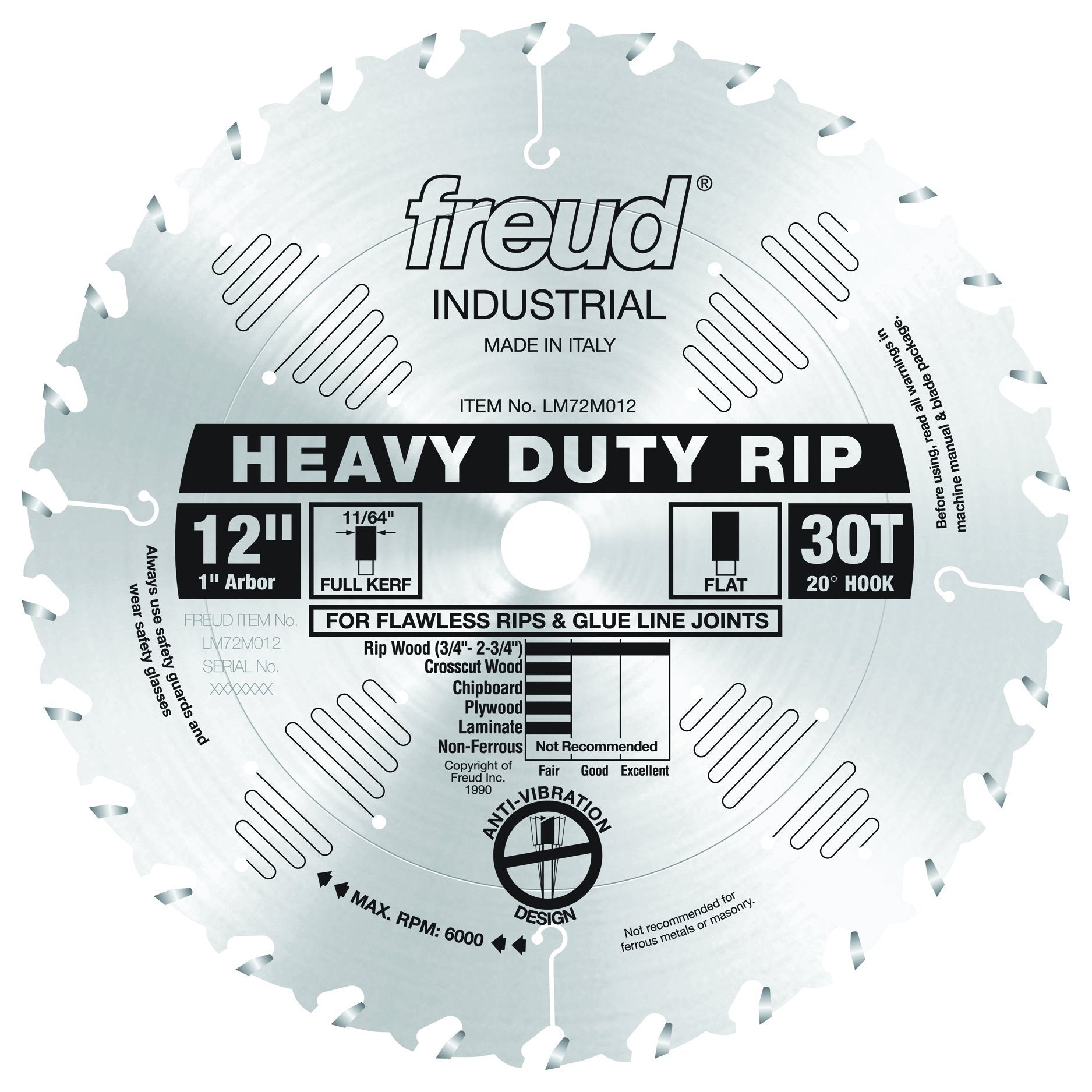 12" circular saw blade with 30 teeth, 1" arbor, labeled "Freud Industrial Heavy Duty Rip" for crosscutting wood.