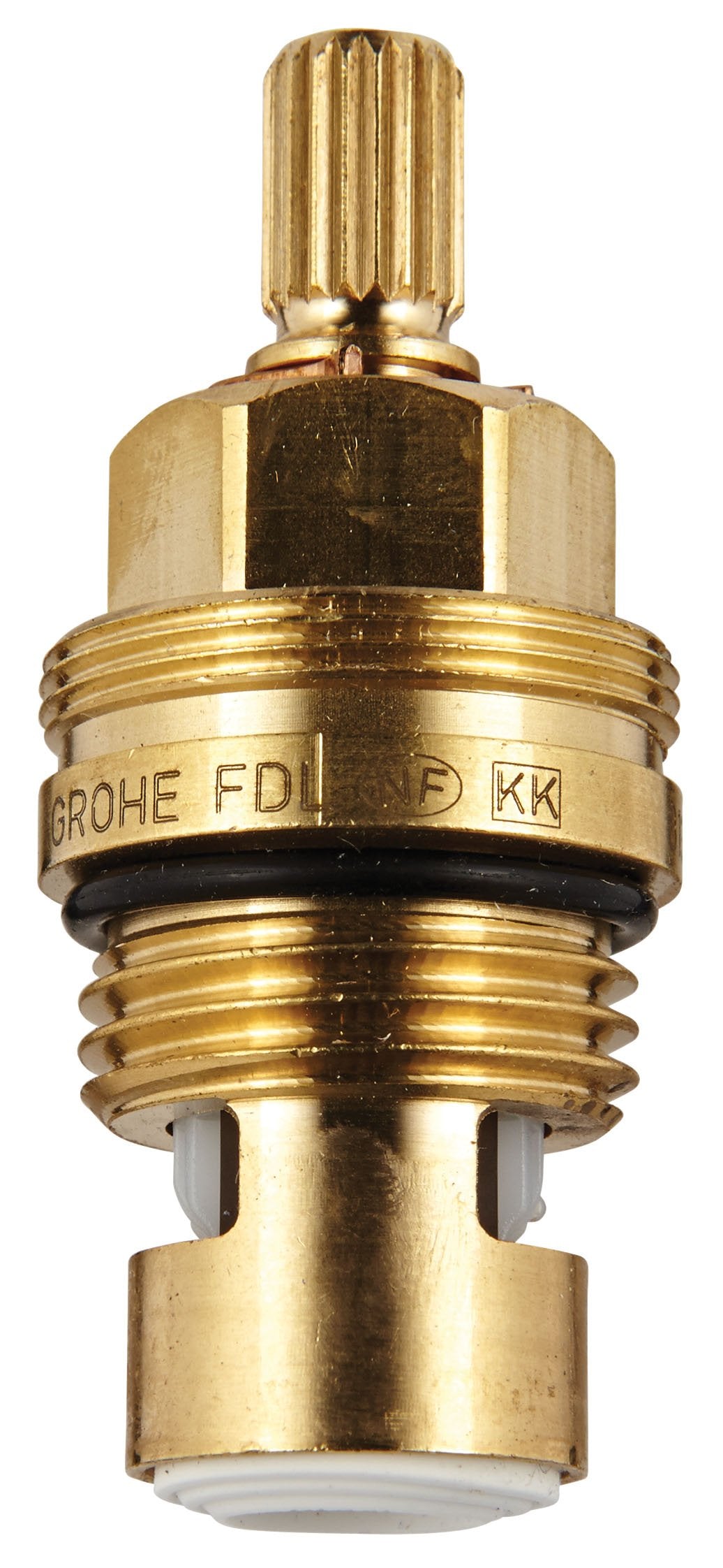 Grohe brass cartridge with fluted handle, threaded body, and black seal ring marked "GROHE FD KK".