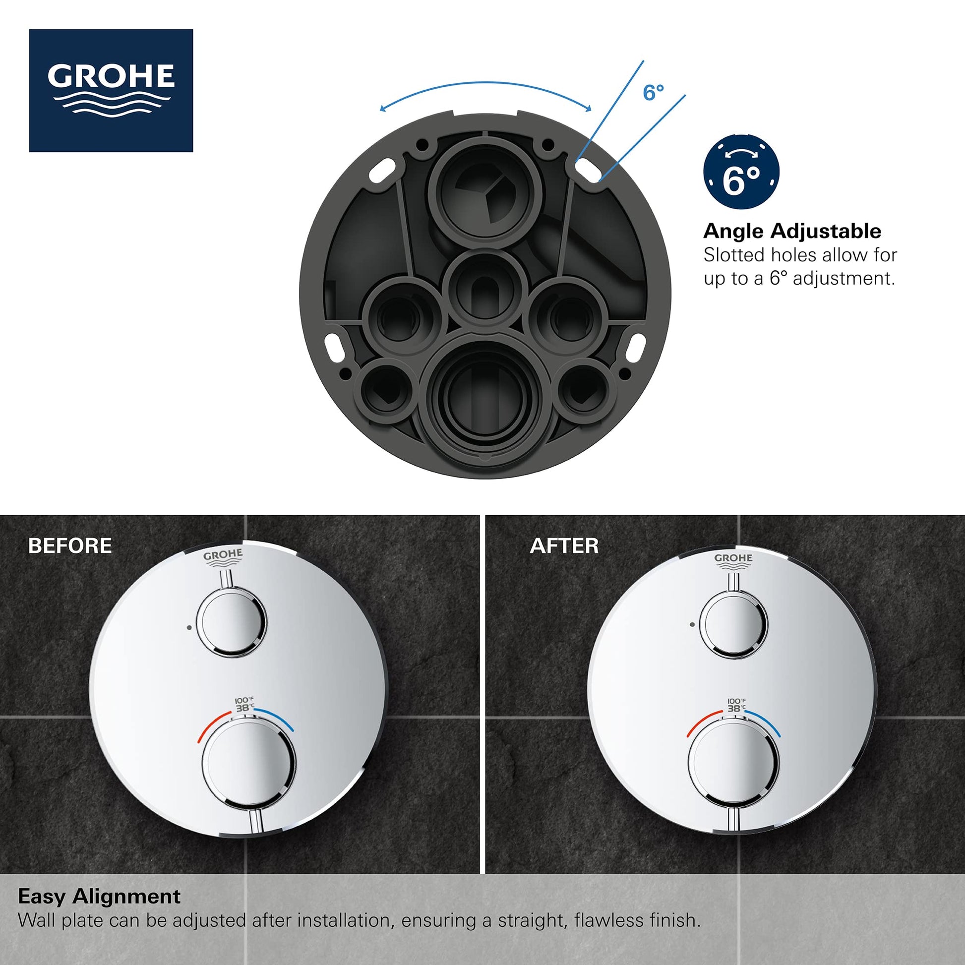 Matte black circular thermostatic valve trim with two handles and angle-adjustable mounting plate showing 6-degree adjustment