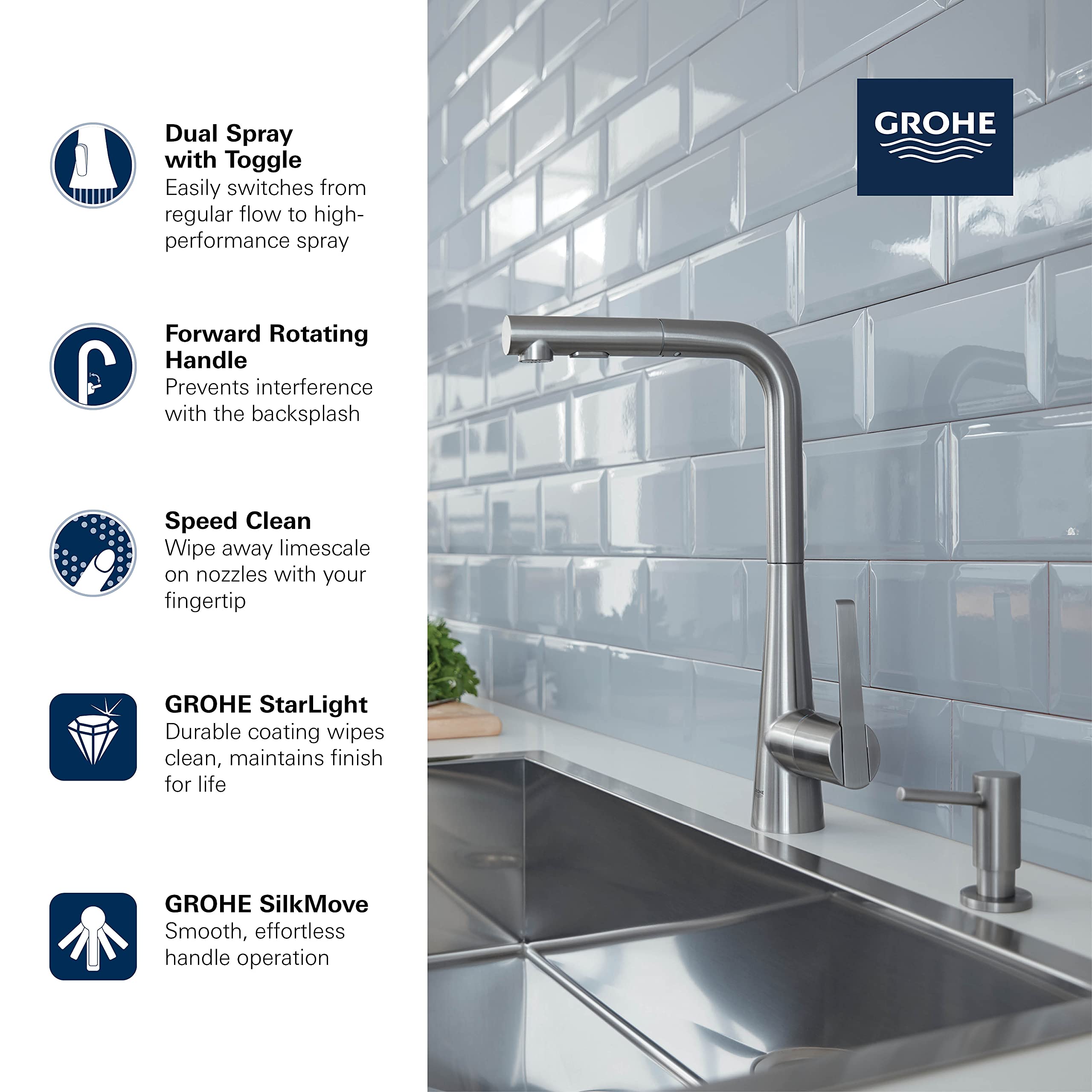 Chrome single-handle pull-out kitchen faucet with dual spray nozzle and rotating handle mounted above stainless steel sink.