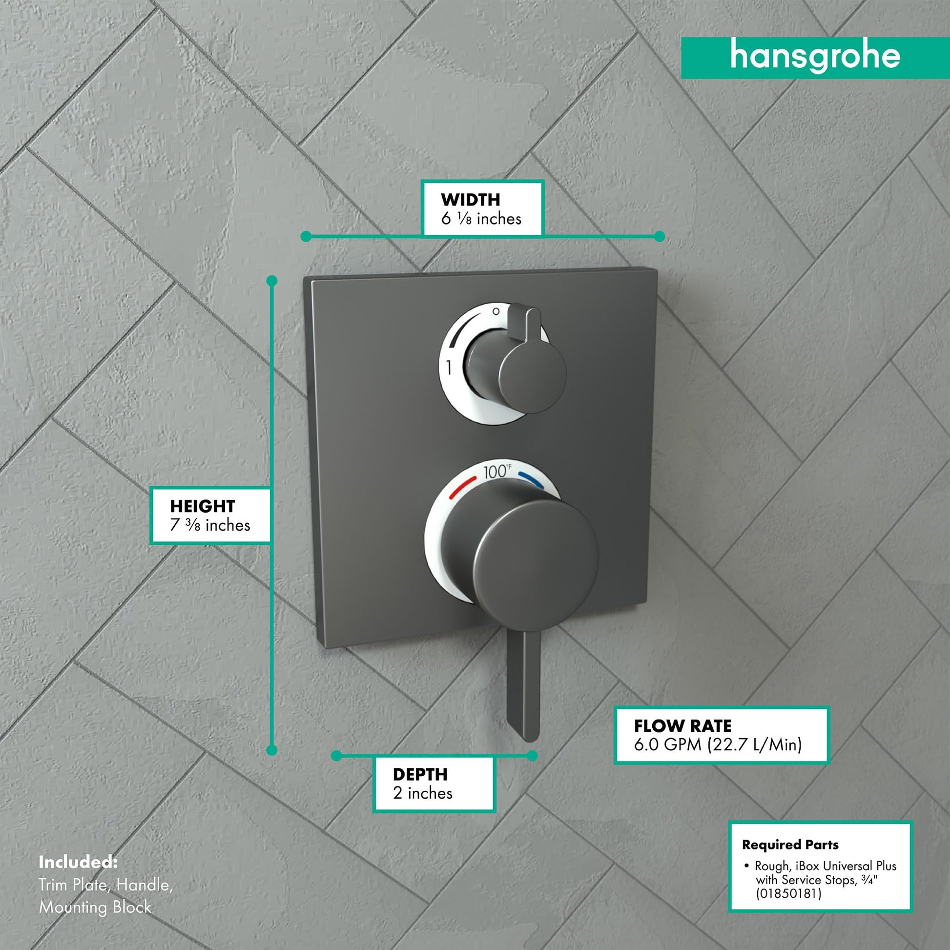 Brushed black chrome thermostatic shower trim with two circular controls mounted on square plate, 6⅛" wide x 7⅜" tall.