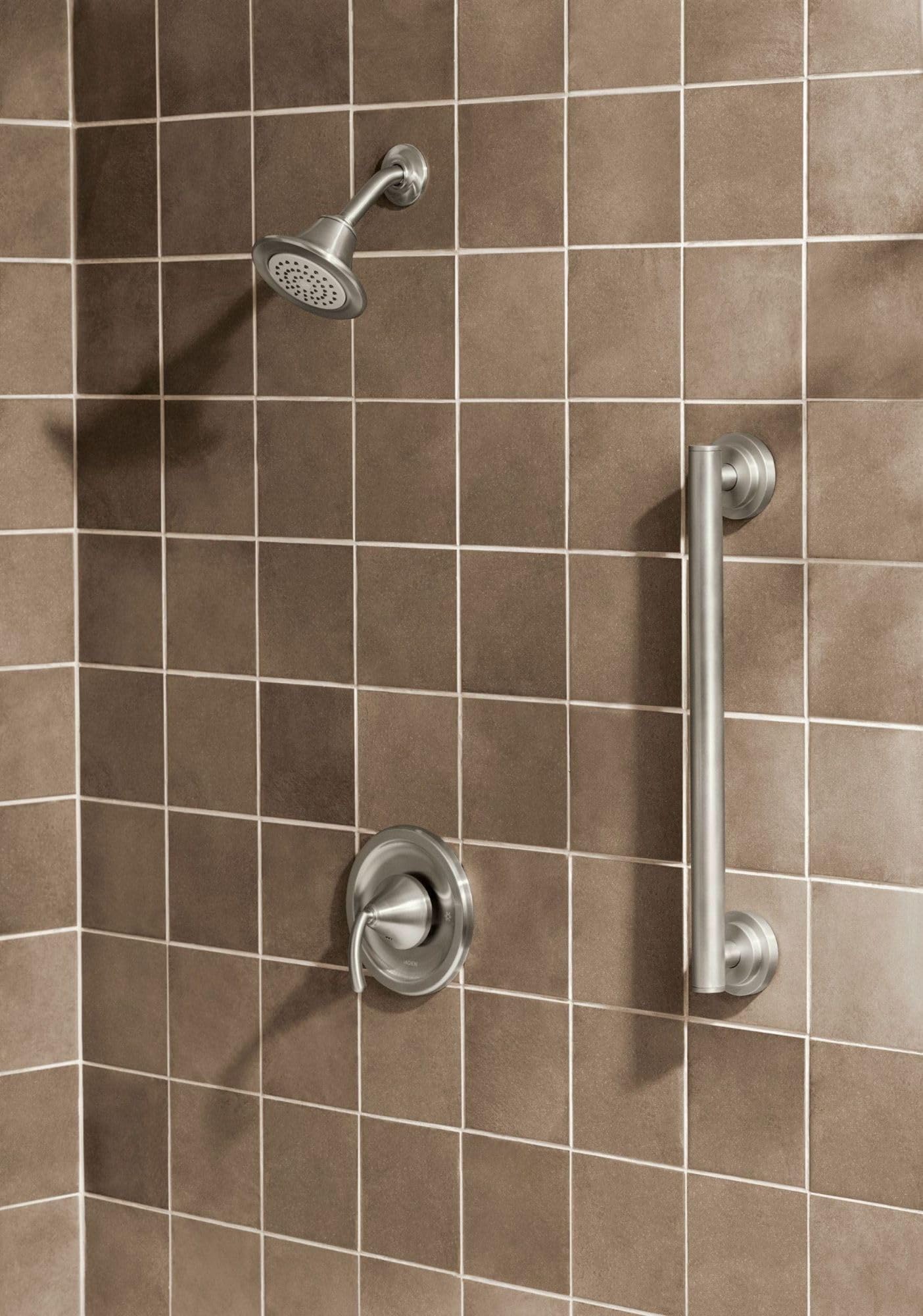 Brushed nickel grab bar mounted horizontally on tiled shower wall next to showerhead and valve controls.