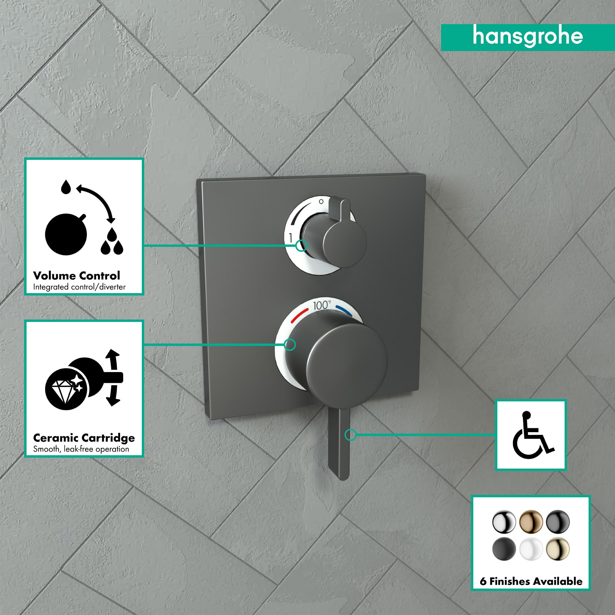 Brushed black chrome thermostatic shower trim with two control knobs mounted on square escutcheon plate.