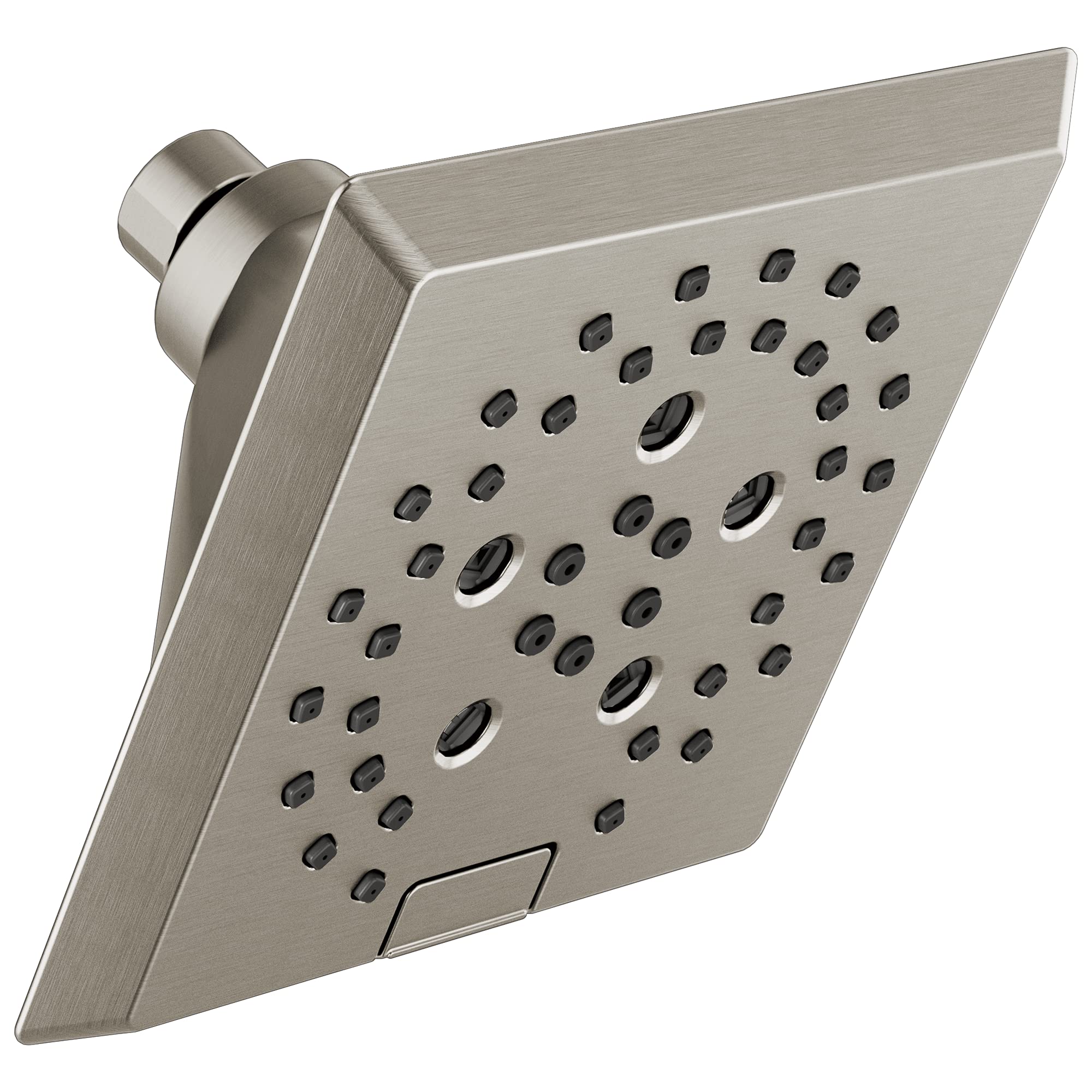 Brushed nickel angular raincan shower head with multiple spray jets and wall-mounted round arm connector.
